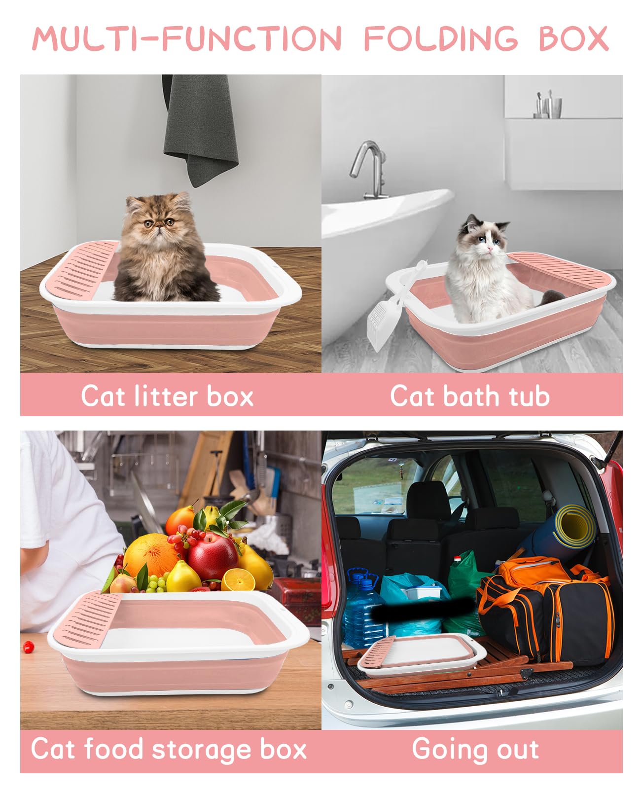 BNOSDM Foldable Small Cat Litter Box - Pink Collapsible Potty Pan for Kittens, Waterproof with Scoop, Ideal for Travel and Senior Cats