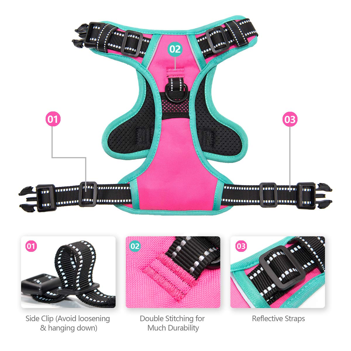 Phoepet 2019 Upgraded No Pull Dog Harness, Reflective Adjustable Vest, With A Training Handle + 2 Metal Leash Hooks+ 3 Snap Buck