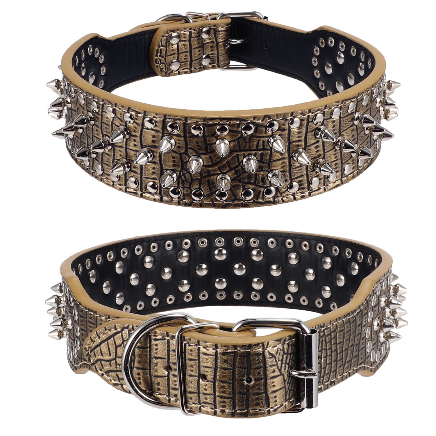 Hoot Pu Leather Adjustable Spiked Studded Dog Collar 2' Wide 25 Spikes (Xs(Neck 15'-18'), Golden)