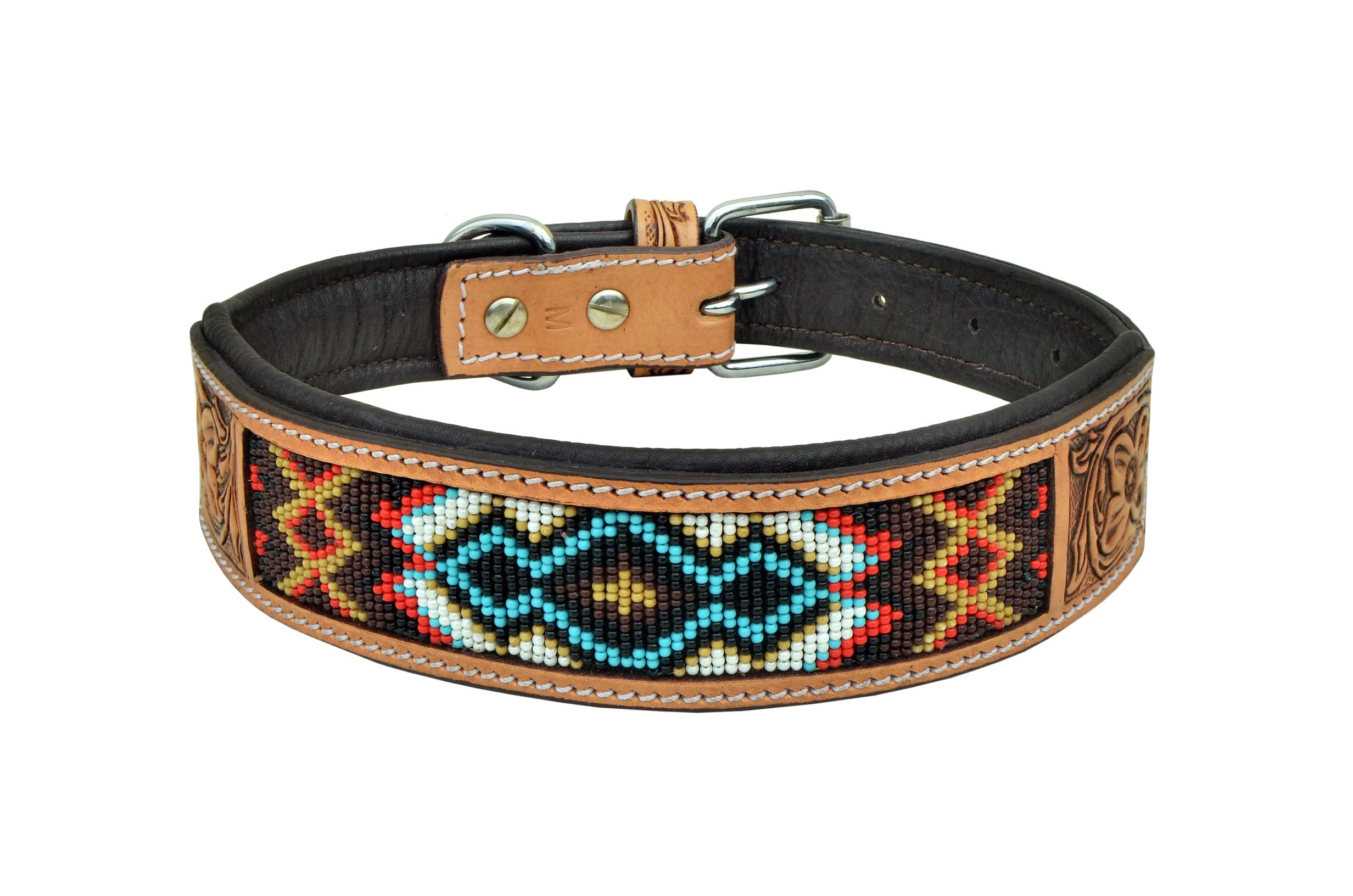Leather Dog Collar Large Size Western Style Heavy Duty Hand Tooled Adjustable Beaded And Padded Soft For Puppies And Big Dogs 10