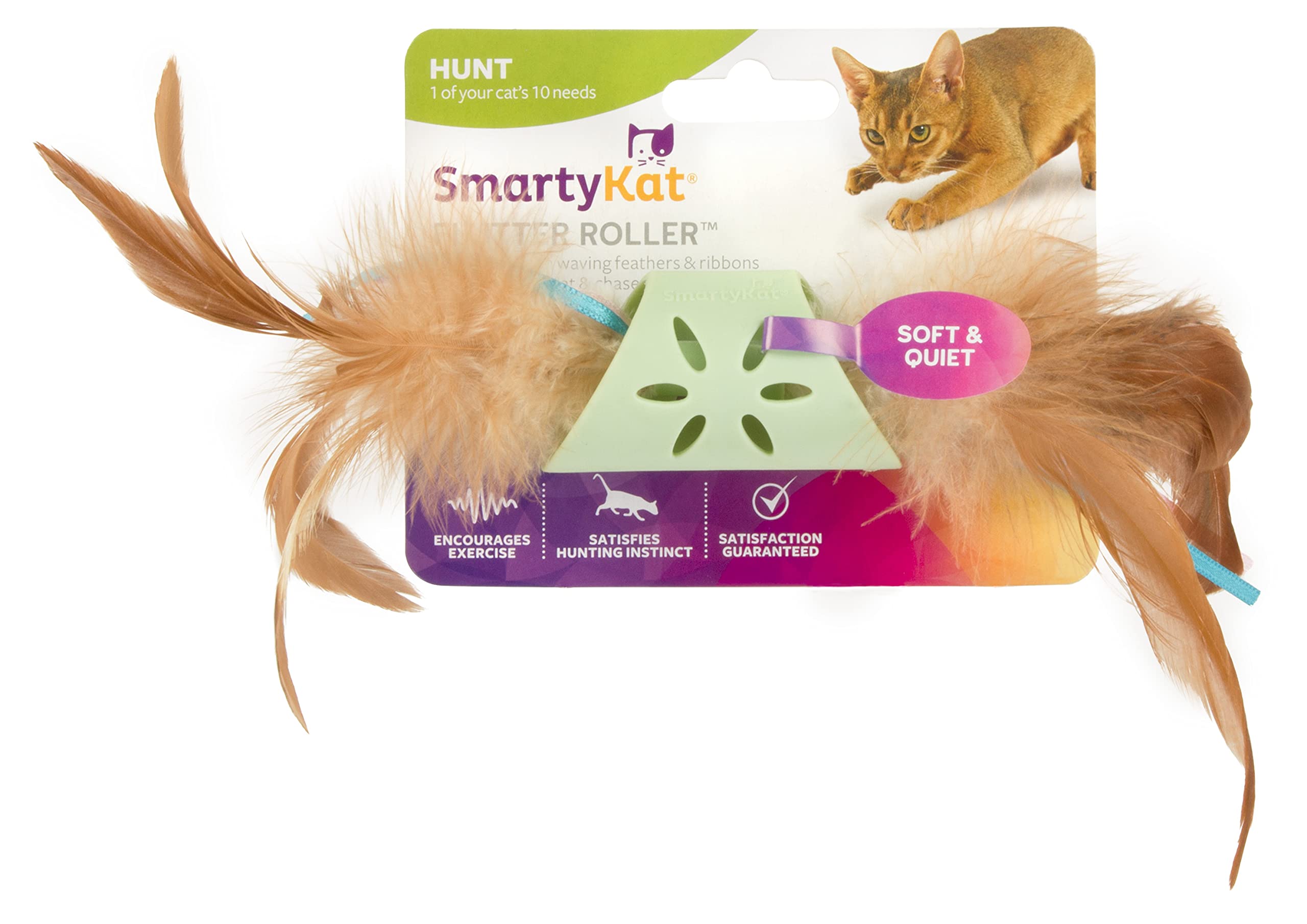 SmartyKat Flutter Roller Cat Toy - Feather & Ribbon, One Size, Green, Model 38505