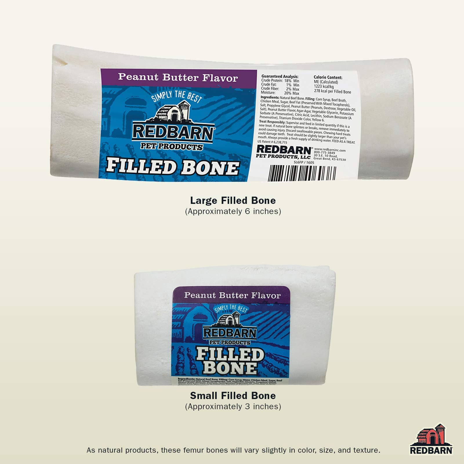 Redbarn Filled Dog Bones, Natural Long-Lasting Dental Treats; Suitable for Aggressive Chewers, Large (6) - 10 Bones (Peanut Butt