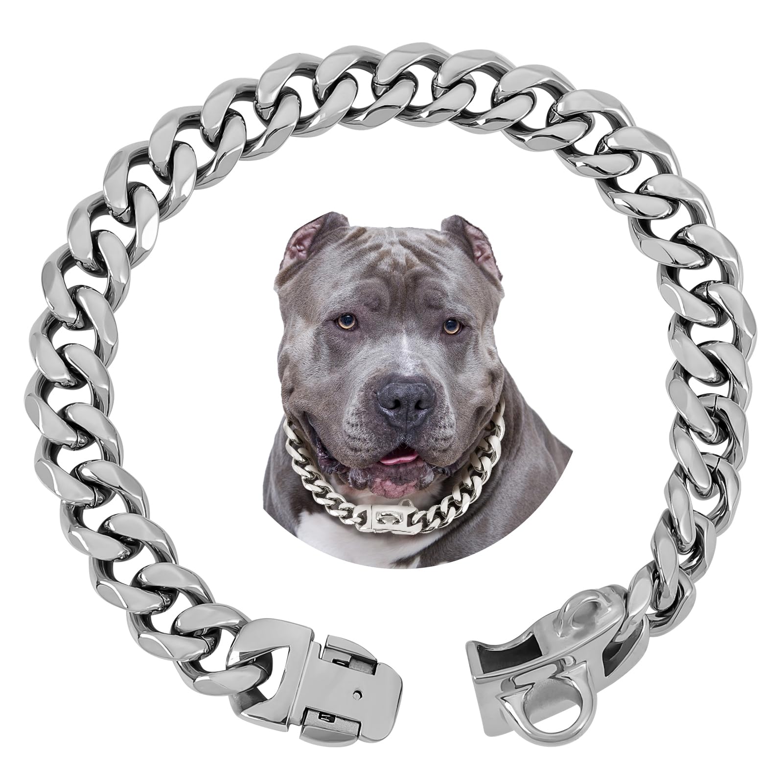 Baobote 15Mm Silver Stainless Steel Dog Collar With Cuban Link Chain Heavy Duty Chew Proof Training Collar For Dogs(20'' Silver)