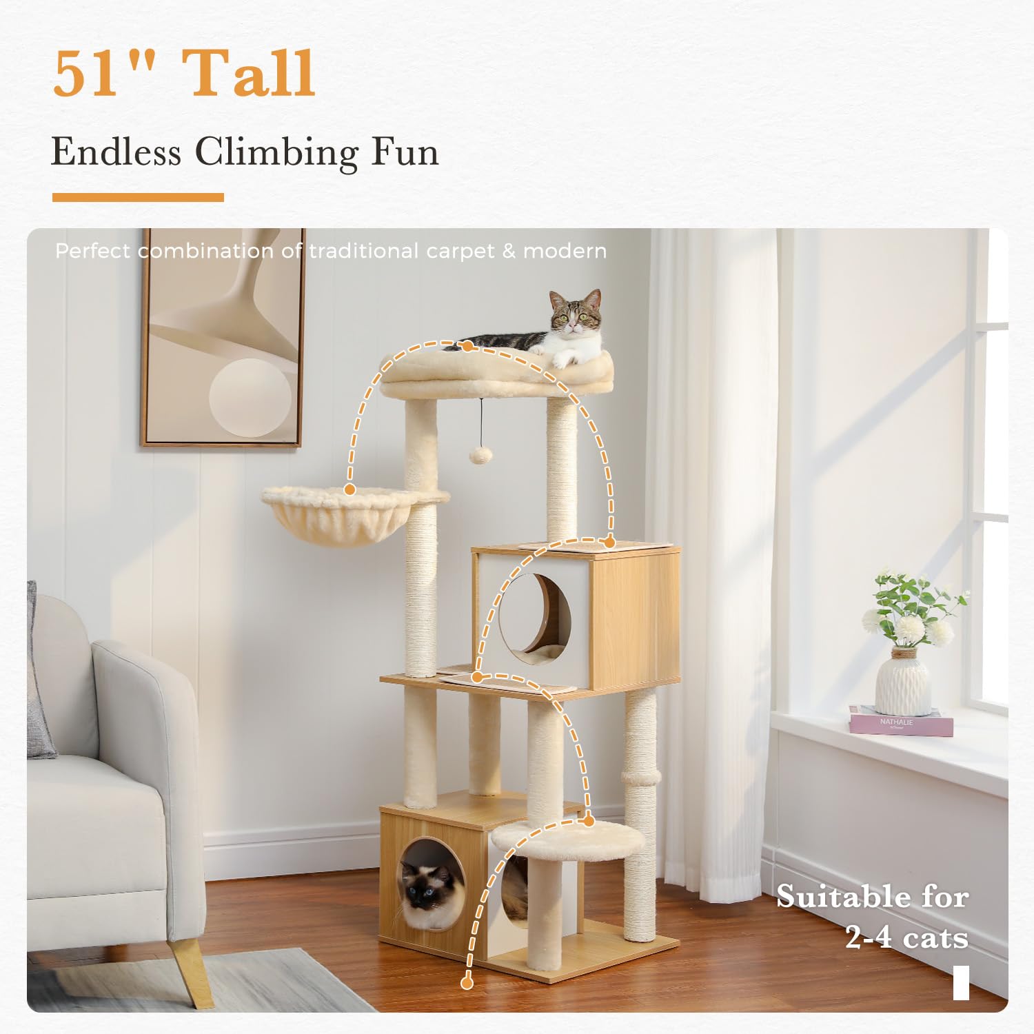 PAWZ Road Large Cat Tree, 51 Inches Wooden Cat Tower with Double Condos, Spacious Perch,Soft Hammock and Totally Wrapped Sisal P