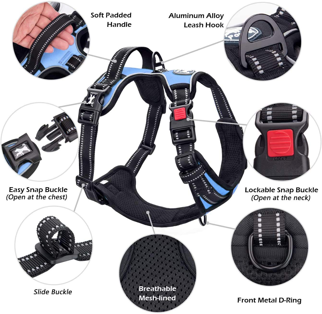 Poypet No Pull Dog Harness, No Choke Front Clip Dog Reflective Harness, Adjustable Soft Padded Pet Vest With Easy Control Handle For Small To Large Dogs(Light Blue,M)