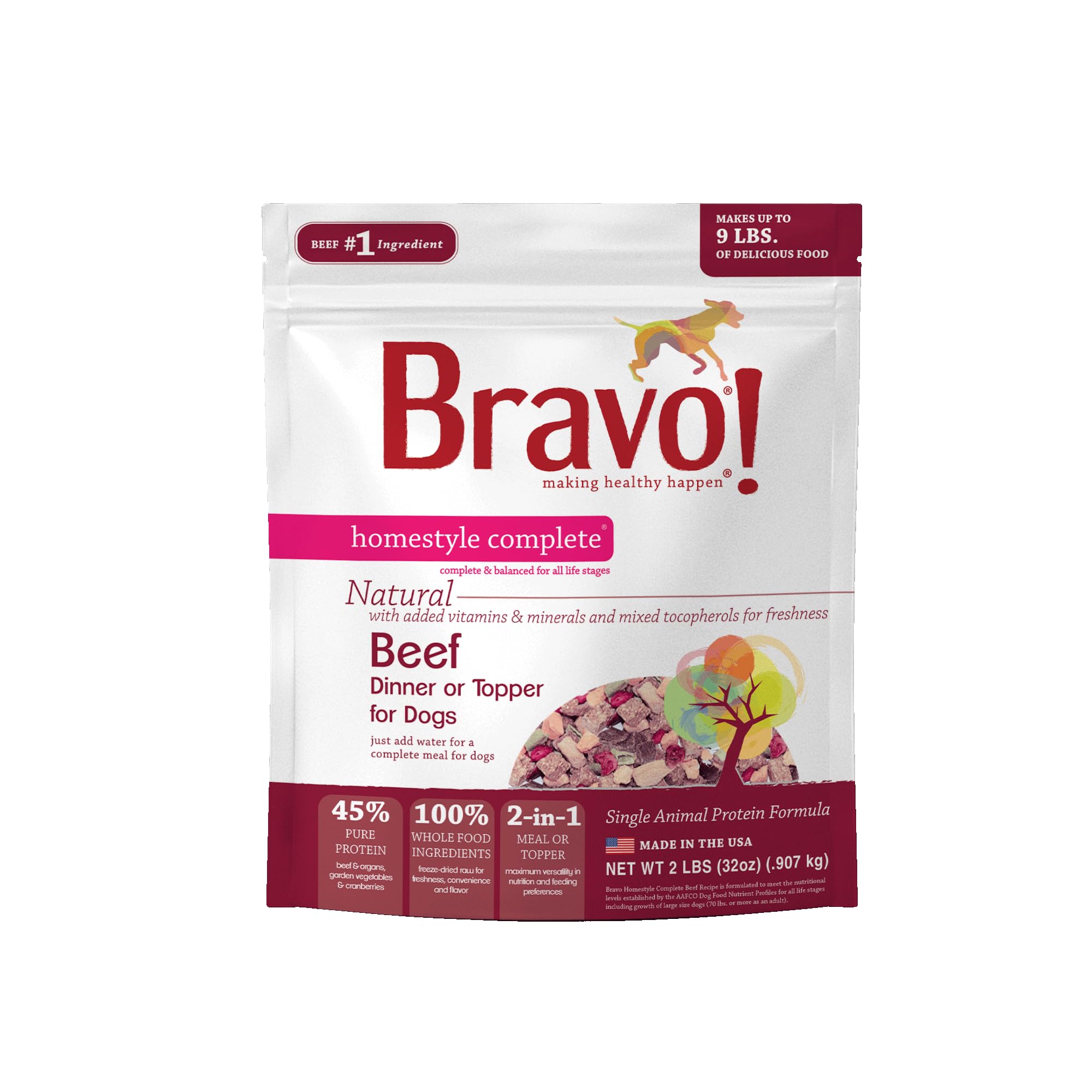 Bravo! Homestyle Complete Freeze Dried Raw Dog Food or Topper, Beef, 2 Pounds, Add Water to Rehydrate for up to 9 Pounds of Food