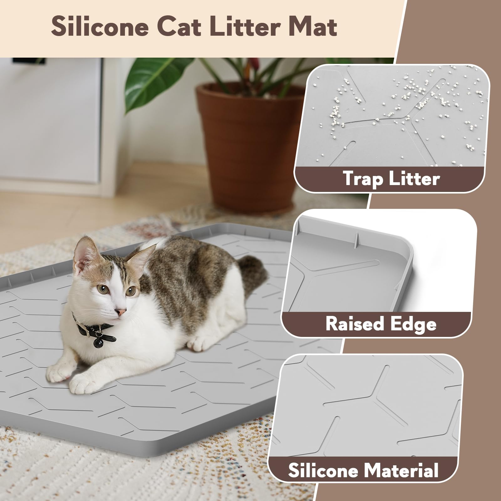 Garoopion Cat Litter Mat, Waterproof Silicone, Large 34" X 22", Gray