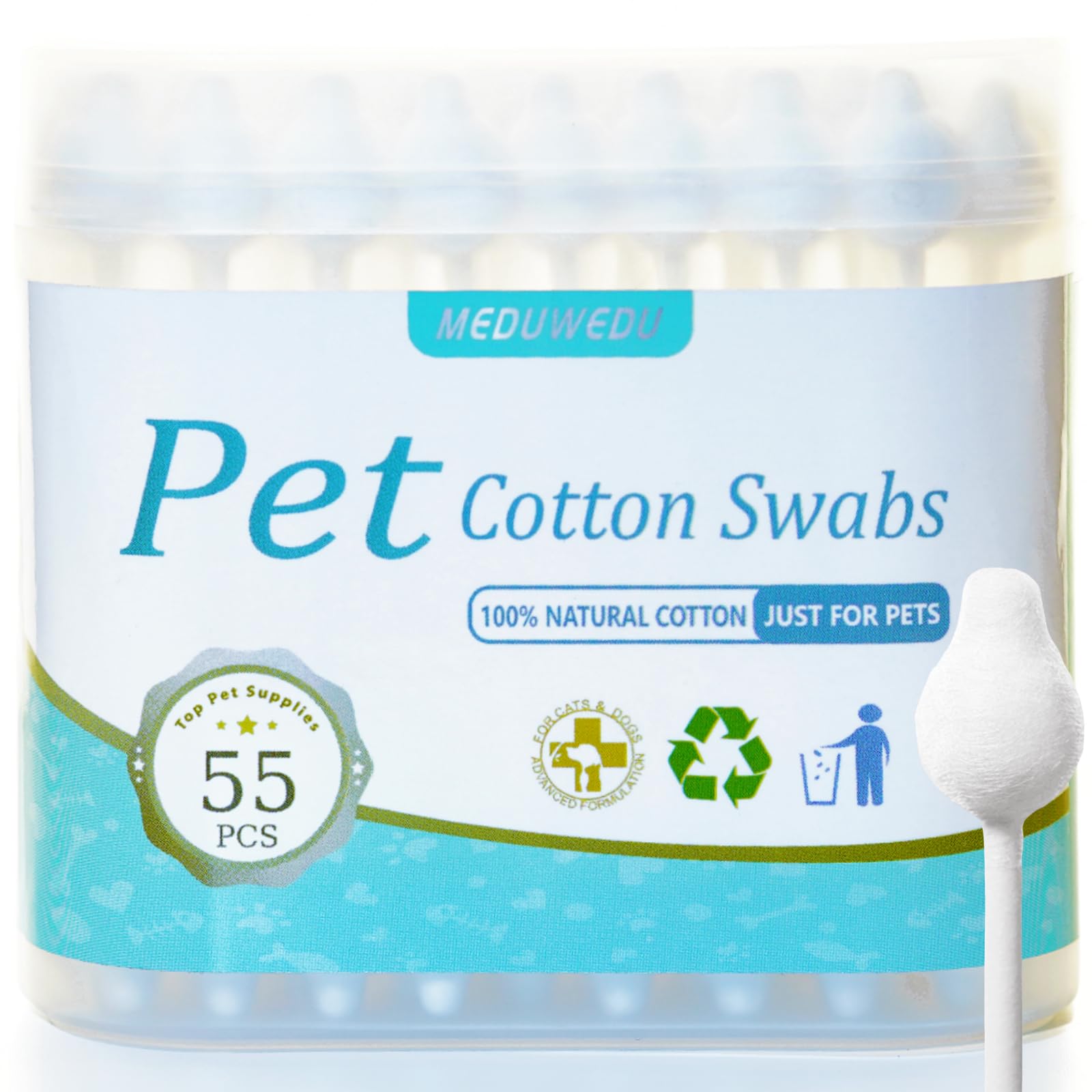 MEDUWEDU Pet Cotton Swabs, 55 Count|Gourd-Shaped Tips|Soft Cotton & Paper Stick|Dog & Cat Ear Cleaner Swabs|Safe Grooming Tool f