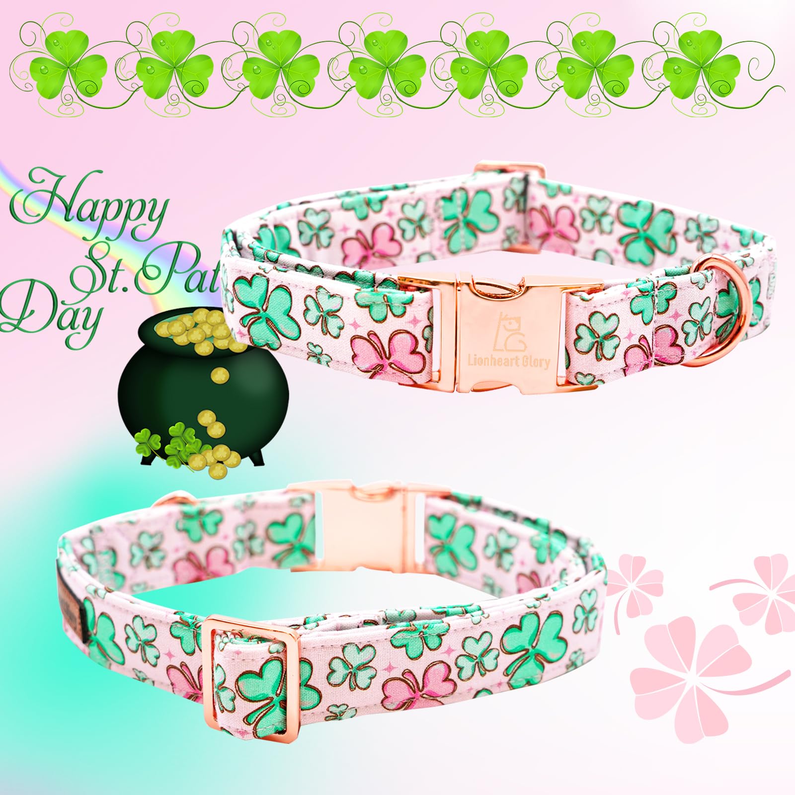 Lionheart Glory St. Patrick'S Day Collar With Flower Bows, Green Shamrock Clover Collar For Small Dogs