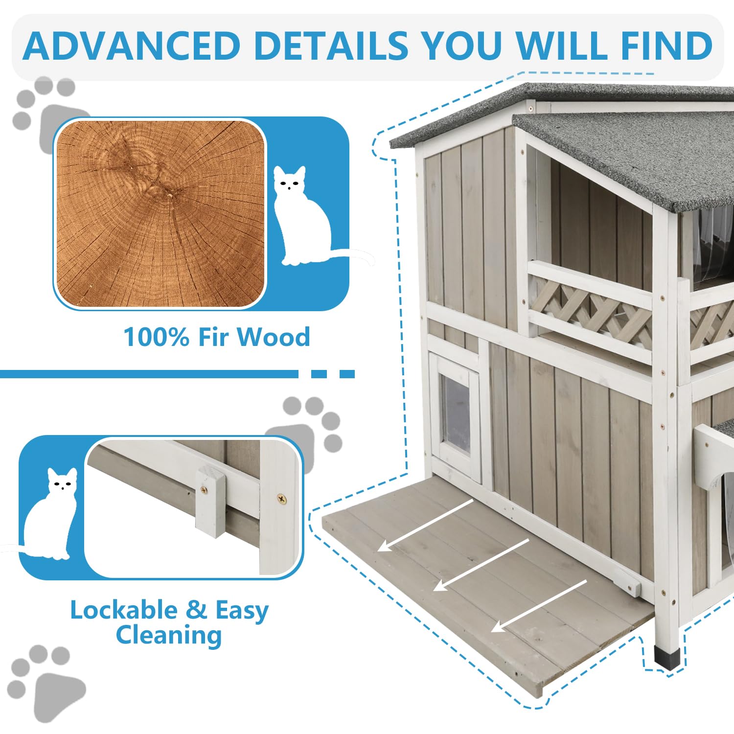 Gowoodhut Feral Cat Shelter - Two Story Wooden Outdoor House, Weatherproof, Greywhite, Model GW-PET14-Greywhite