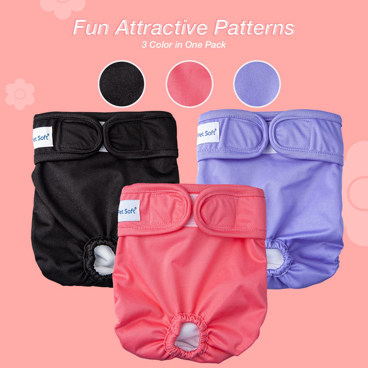 Pet Soft Female Dog Diapers - Reusable X-Large Washable Diapers for Dogs in Heat - 3 Pack (Black, Pink, Blue)