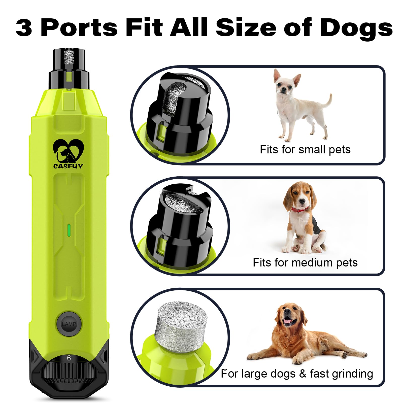Casfuy 6-Speed Dog Nail Grinder - Super Quiet Rechargeable Trimmer for Large Medium Small Dogs - Green, Model N60