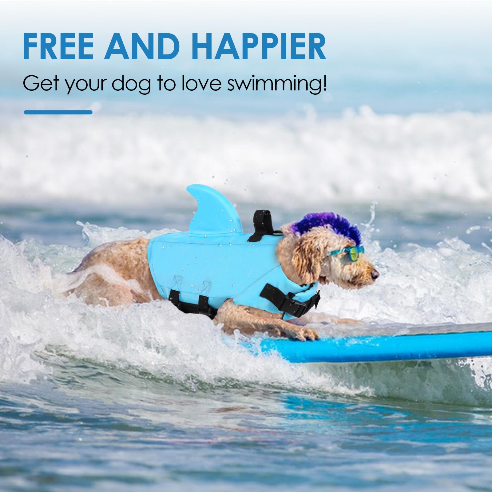 Sunfura Medium Dog Life Jacket, Shark Fin Pet Swimming Vest For Boating, Puppy Life Preserver With High Buoyancy & Rescue Handle, French Bulldog Lifesaver Swimsuit For Medium Dogs, Blue M