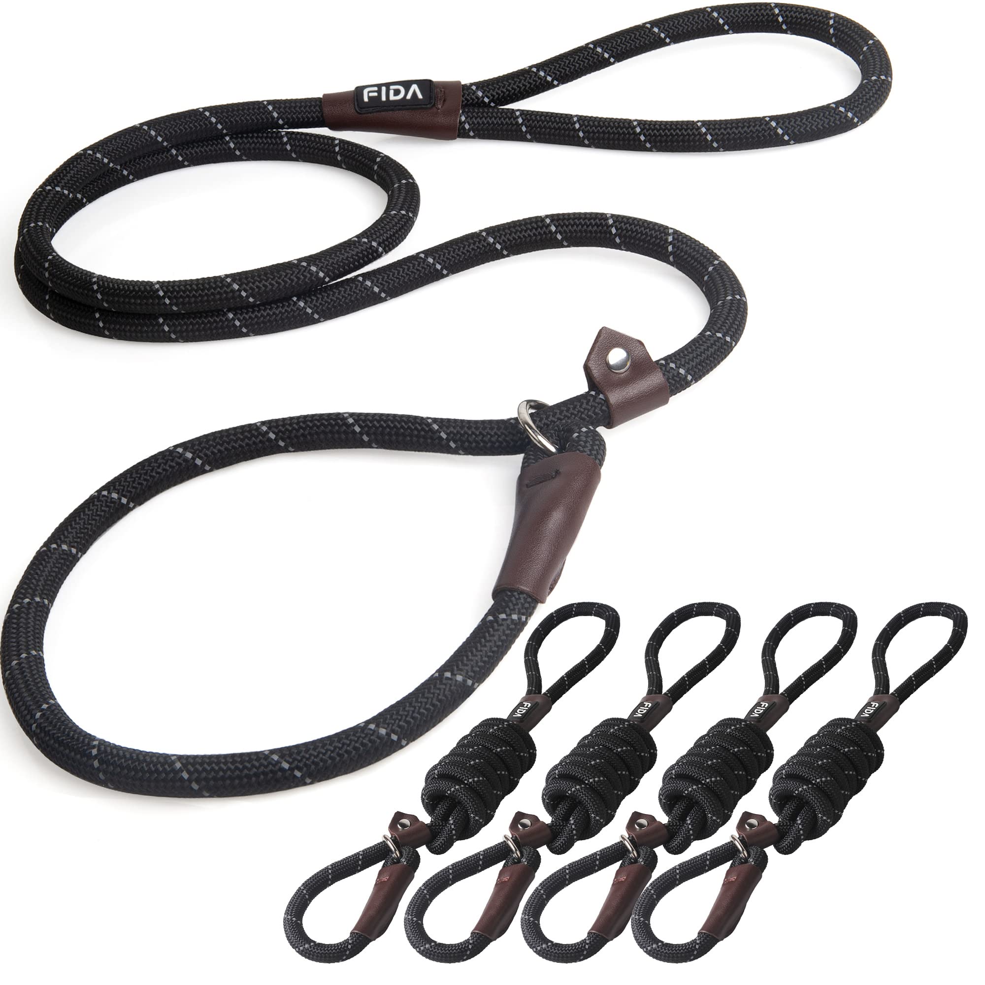 Fida Durable Slip Lead Dog Leash Bulk Pack Of 5, Heavy Duty 1/2' X 6 Ft Comfortable Strong Rope Slip Leash For Large, Medium & Small Dogs No Pulling Pet Training Leash With Highly Reflective (Black)