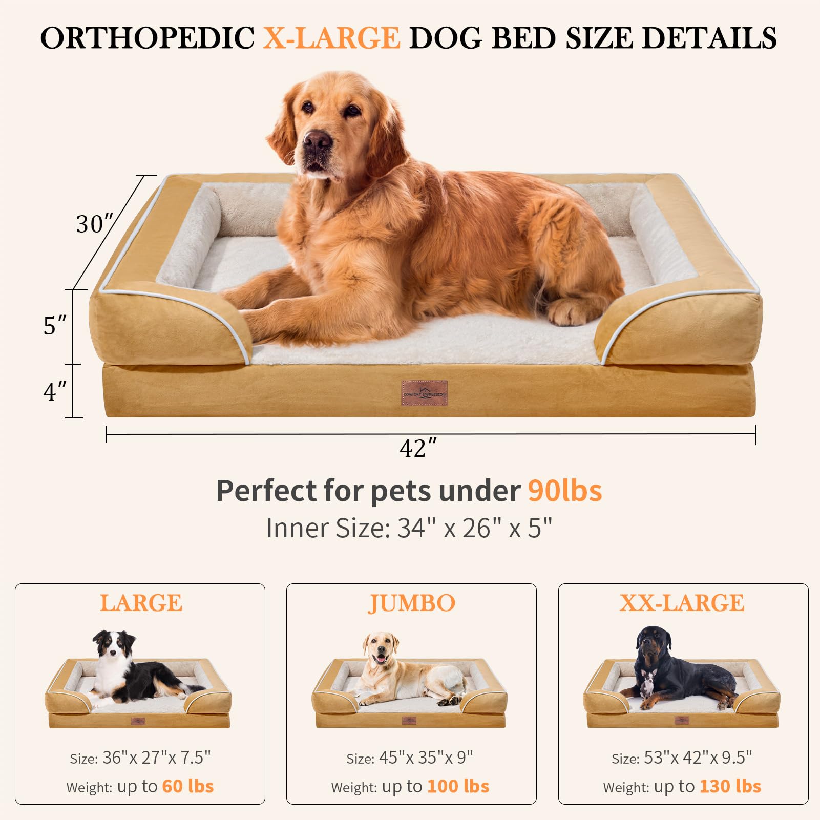 Comfort Expression Extra Large Dog Beds, Xl Dog Beds Waterproof, Orthopedic Dog Bed With Bolster, Washable Dog Bed Sofa Pet Bed With Removable Cover & Non-Slip Bottom(X-Large,Khaki)