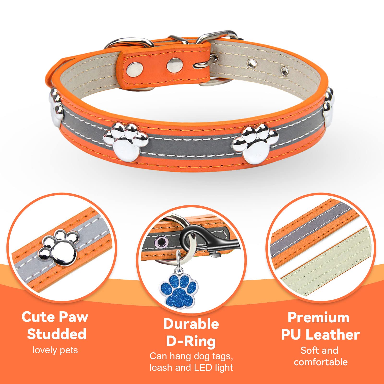 Petcare Reflective Dog Collar With Cute Paw Rivet Studded Funny Soft Pu Leather Adjustable Puppy Dog Collars For Small Medium Large Dogs Cats (Orange,Large)
