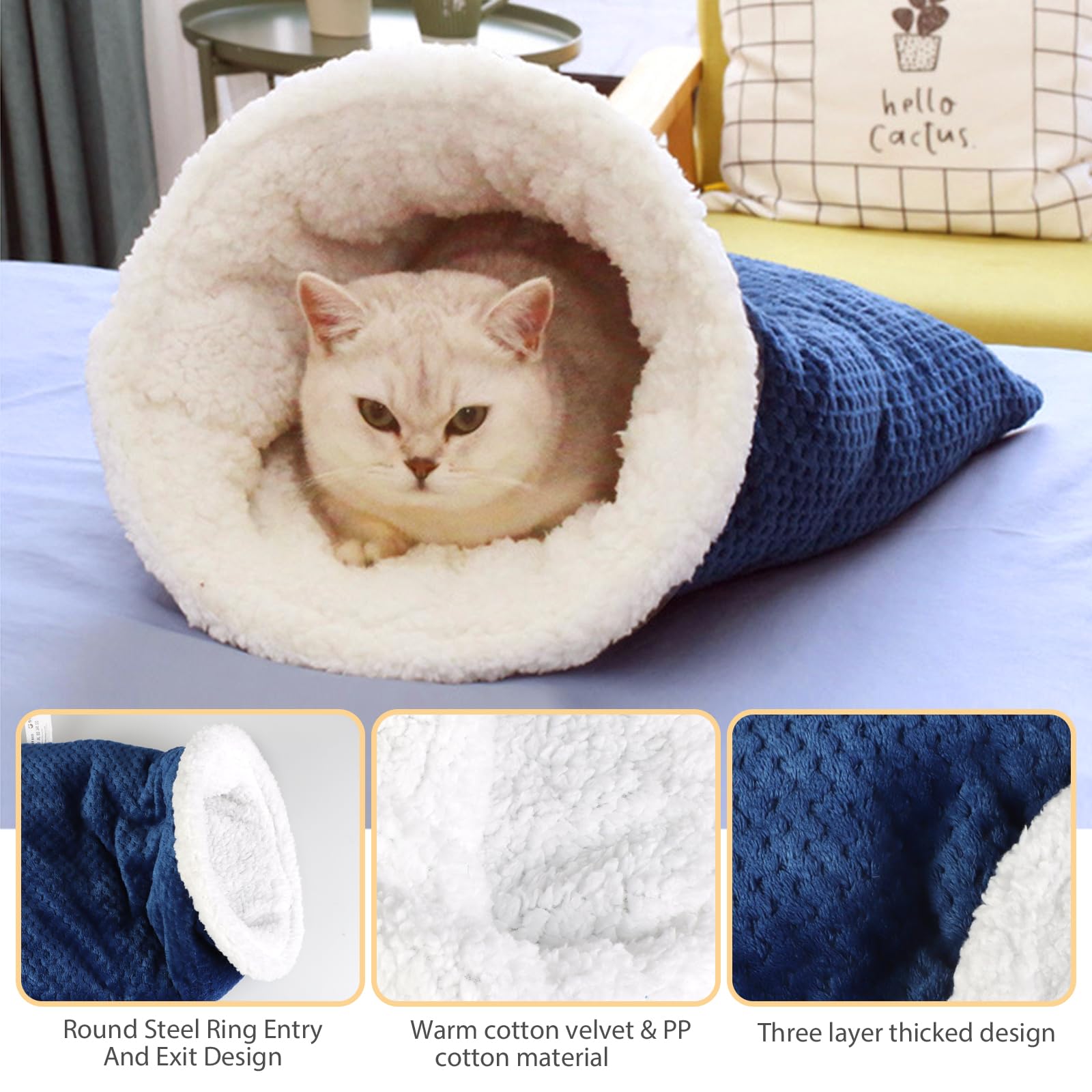 Amiitry Cat Sleeping Bag, Blue, 11 X 17.7 X 15.7 Inches, Cat Bed, Self Warm Winter Sleeping Bag For Indoor Cats, Cotton Material