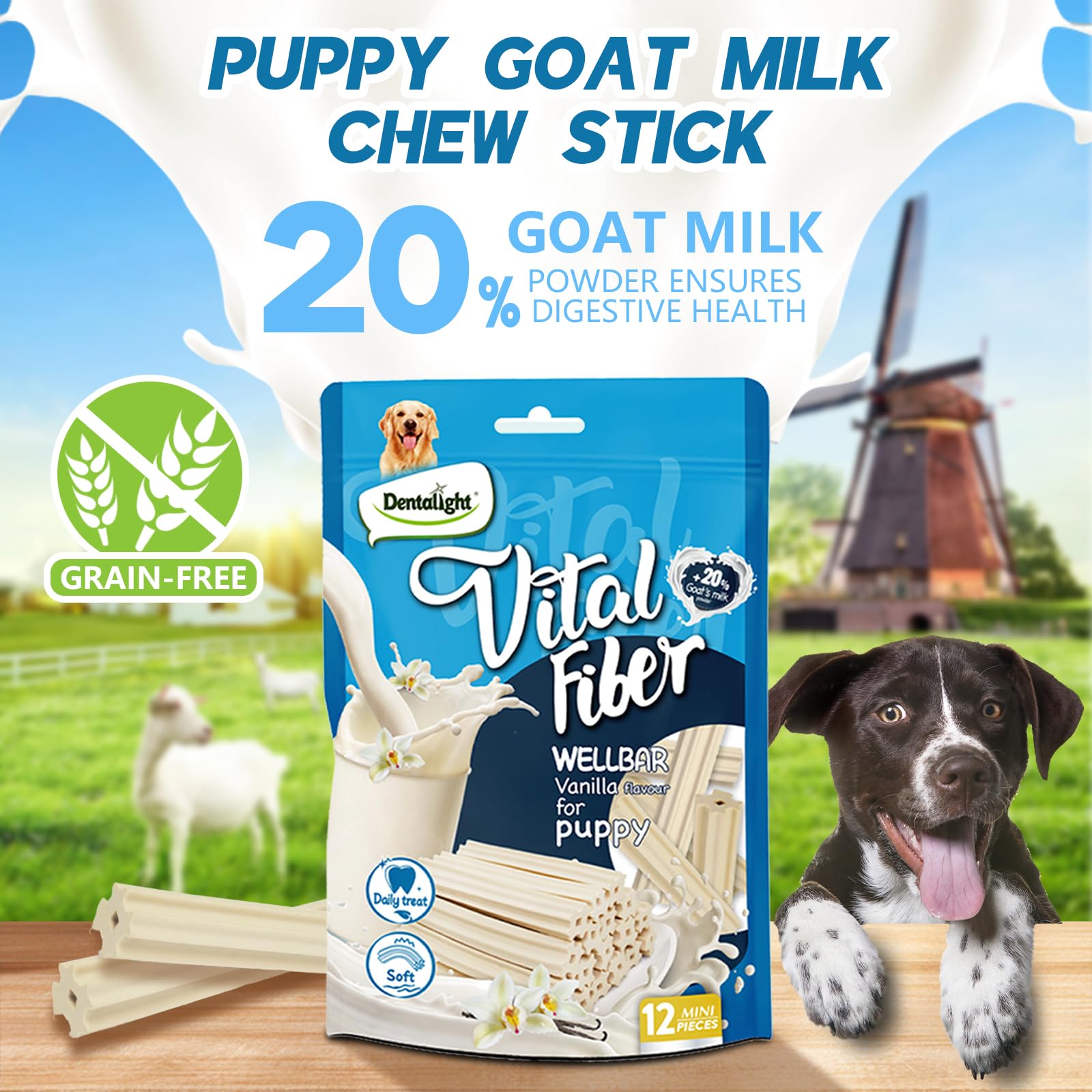 Dentalight Faywell Vital Fiber Wellbar Puppy Chew Treats, Contain Goat Milk Powder, Rich in Calcium and Protein, Soft Vanilla Te
