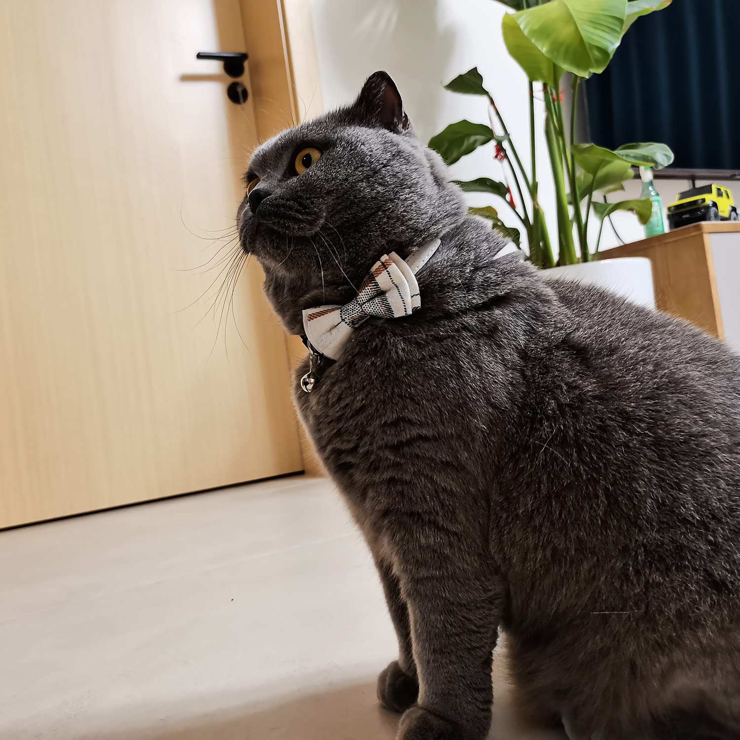 Cat Collar Breakaway With Bell And Bow Tie, Plaid Design Adjustable Safety Kitty Kitten Collars(6.8-10.8In)(White Plaid)
