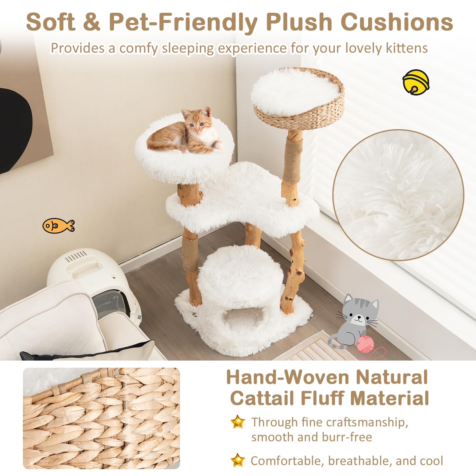 Petsite 49 Inch Cat Tree For Indoor Cats, Solid Wood Modern Multi-Level Cat Tower With Scratching Posts, Top Cattail Basket Cat Bed, Side Perch, Large Platform, And Cat Condo, Cute White Cat Tree