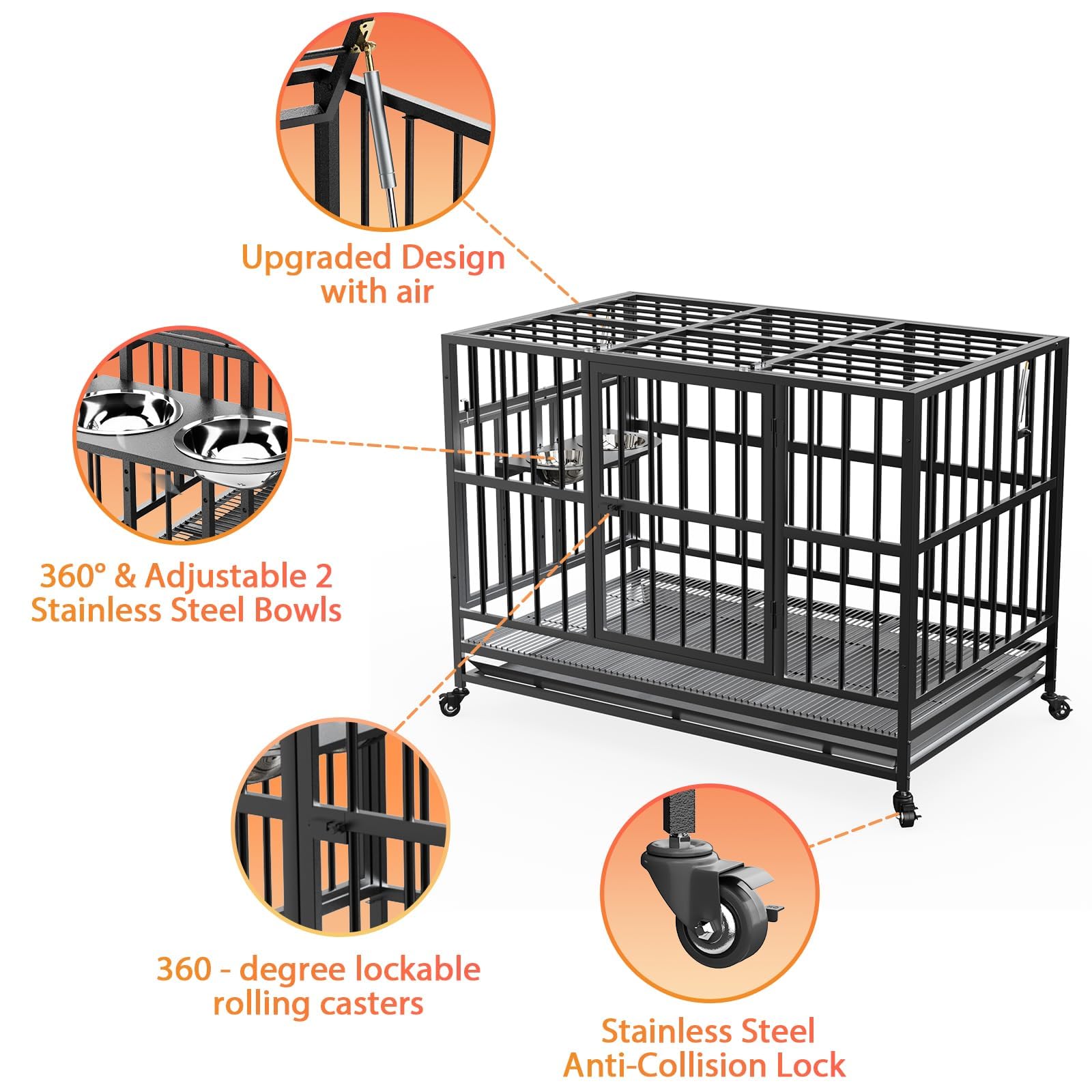 Lovmor 37'' Heavy Duty Dog Crate With Wheels/Unique Air Lift Rod / 360 & Adjustable 2 Bowls, Extra Small Dog Crate