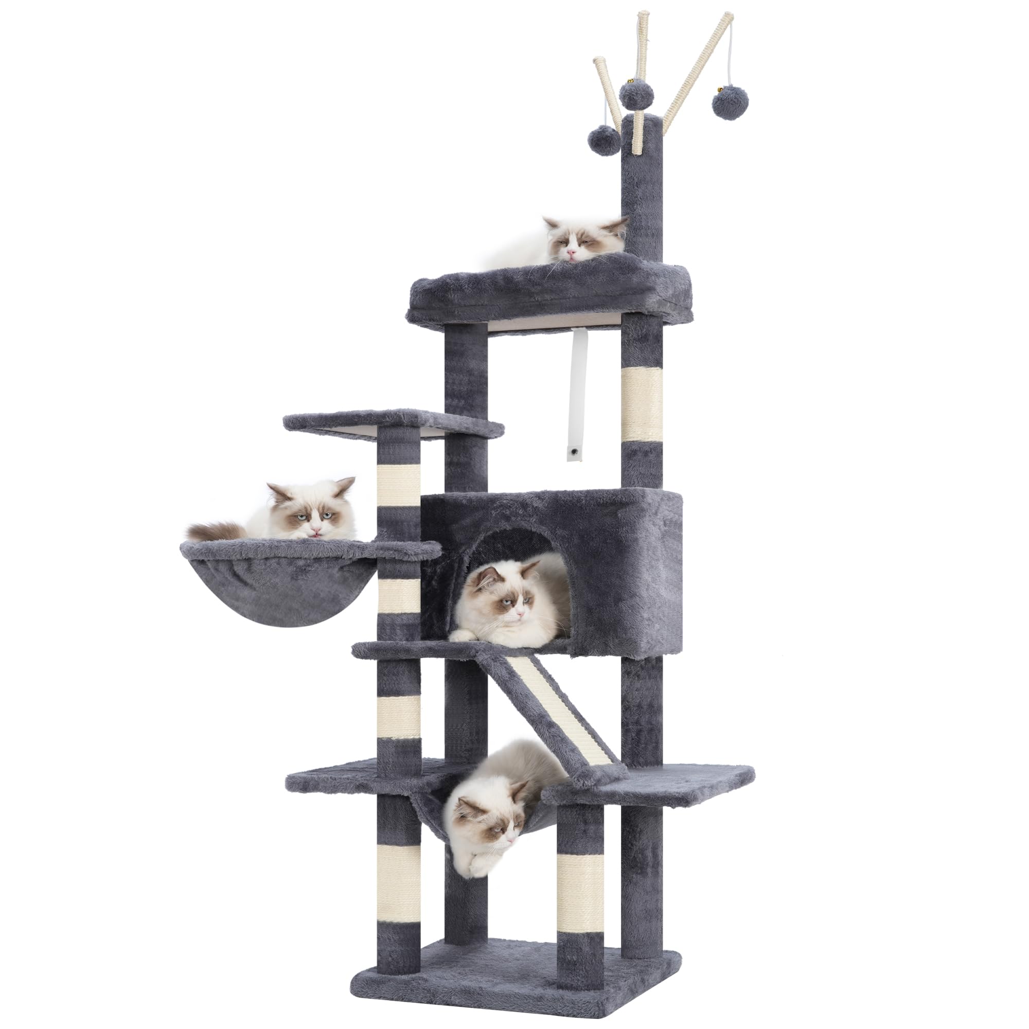 Gitelsnour Cat Tree, 63 Inch Multi-Level Cat Tower For Indoor Cats, Cat Condo With Cat Scratching Post And Board, Cat Hammock, S