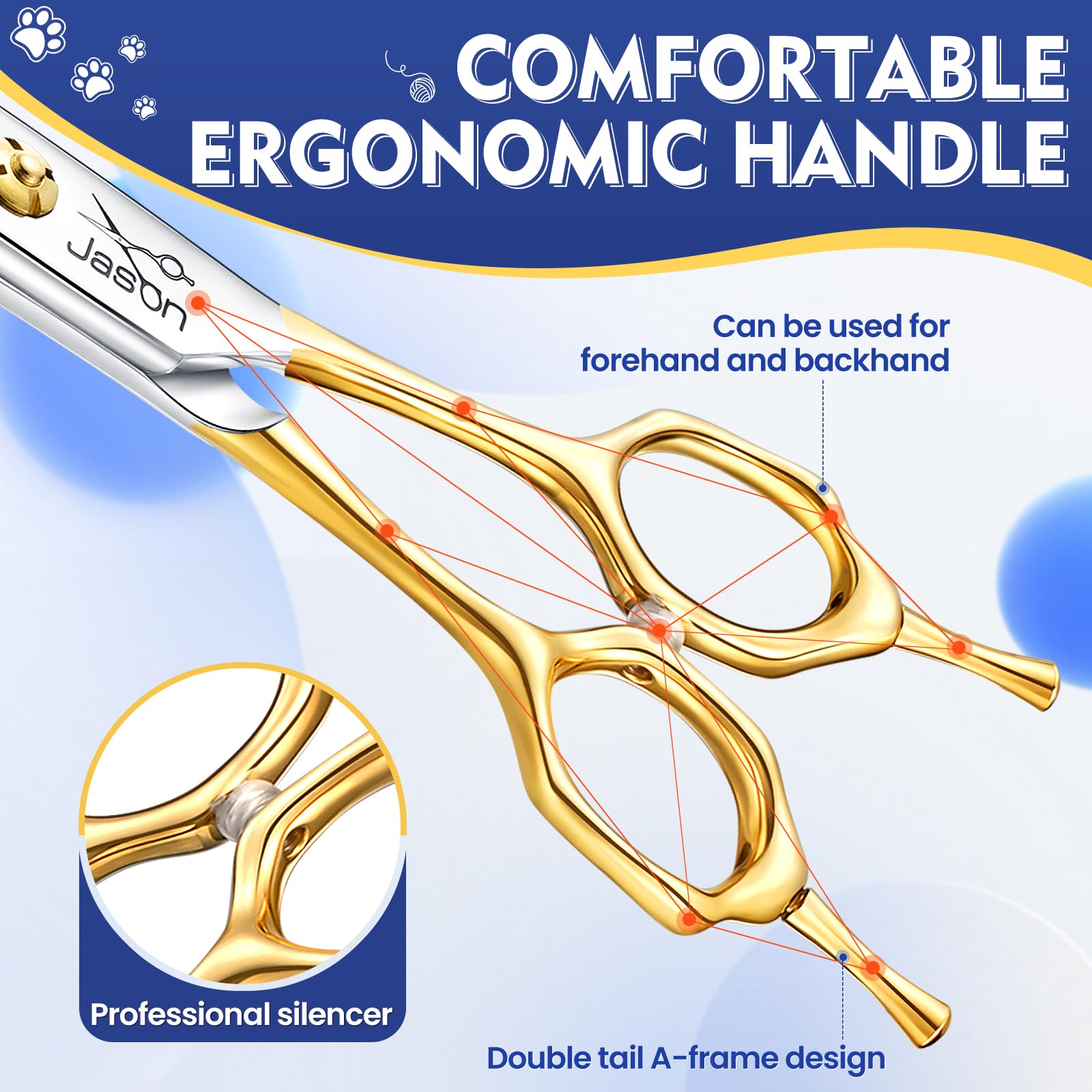 JASON Dog Grooming Scissors - 7.5" Curved Thinner, Ergonomic 440C Stainless Steel, Curved Blender Shears for Professional Groomers