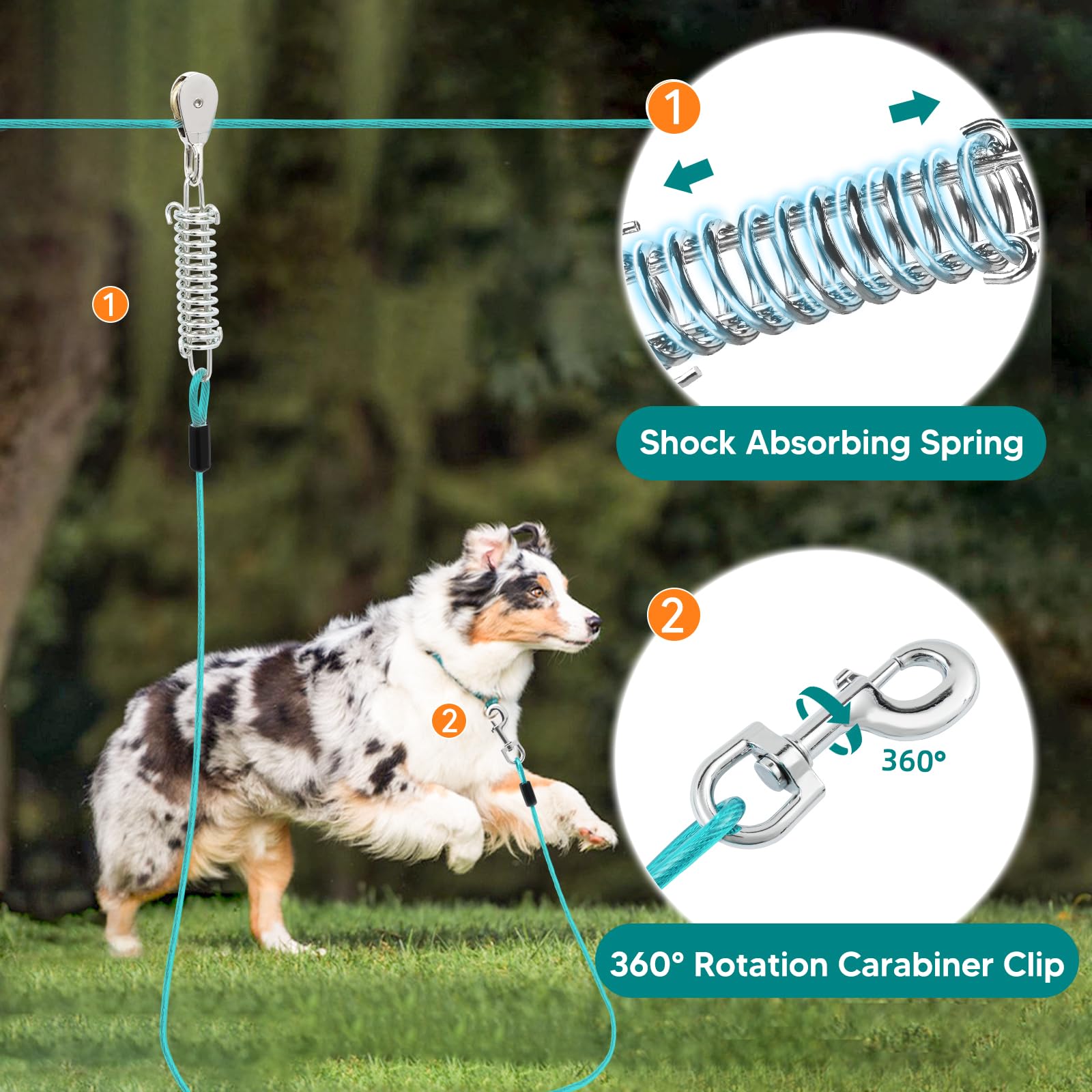Luffwell Runner For Yard, 200Ft Long Lead With 15Ft Pulley Tie Out Cable For Heavy Duty Dogs Up To 250Lbs, Trolley System For La