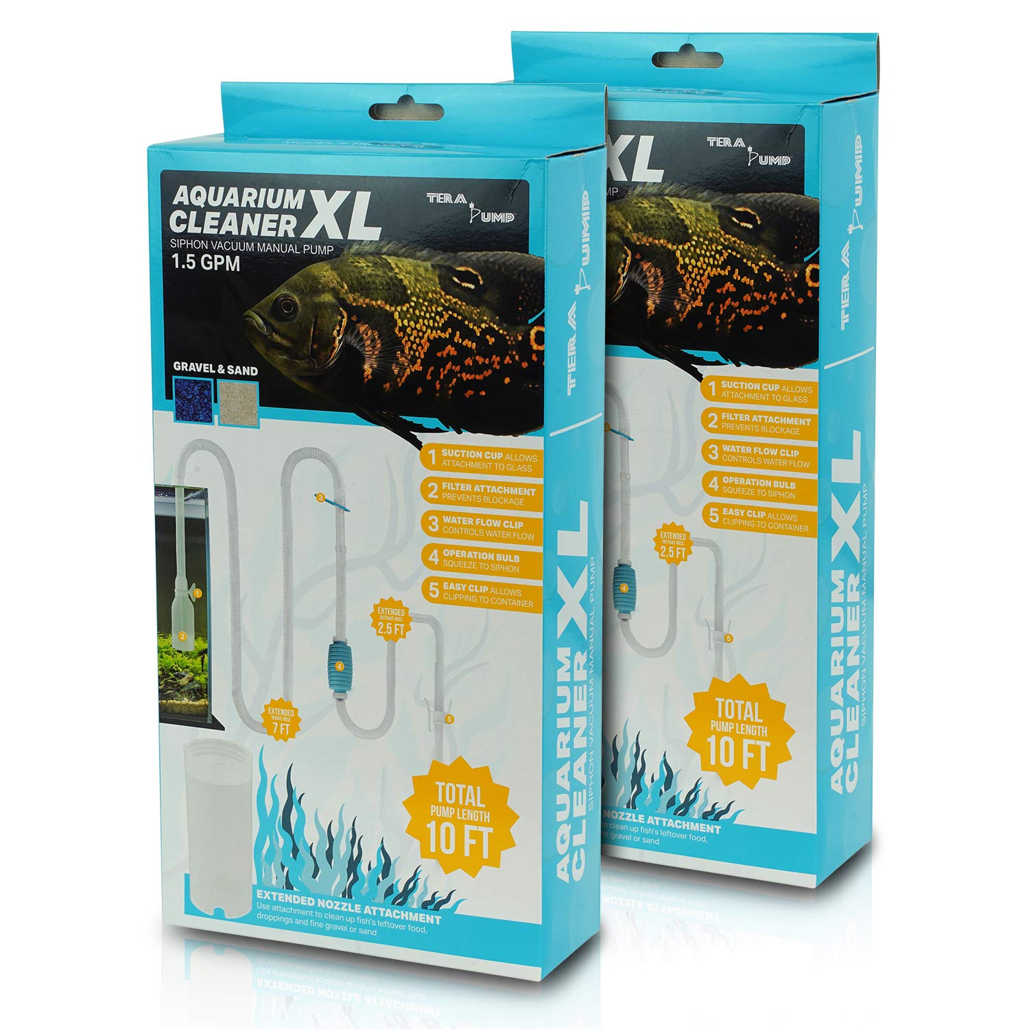 TERA PUMP 2 Pack Extra Long 10 FT Fish Tank Gravel Cleaner Siphon - Manual Water Pump for Aquariums 10 Gallons - BPA-Free Water 