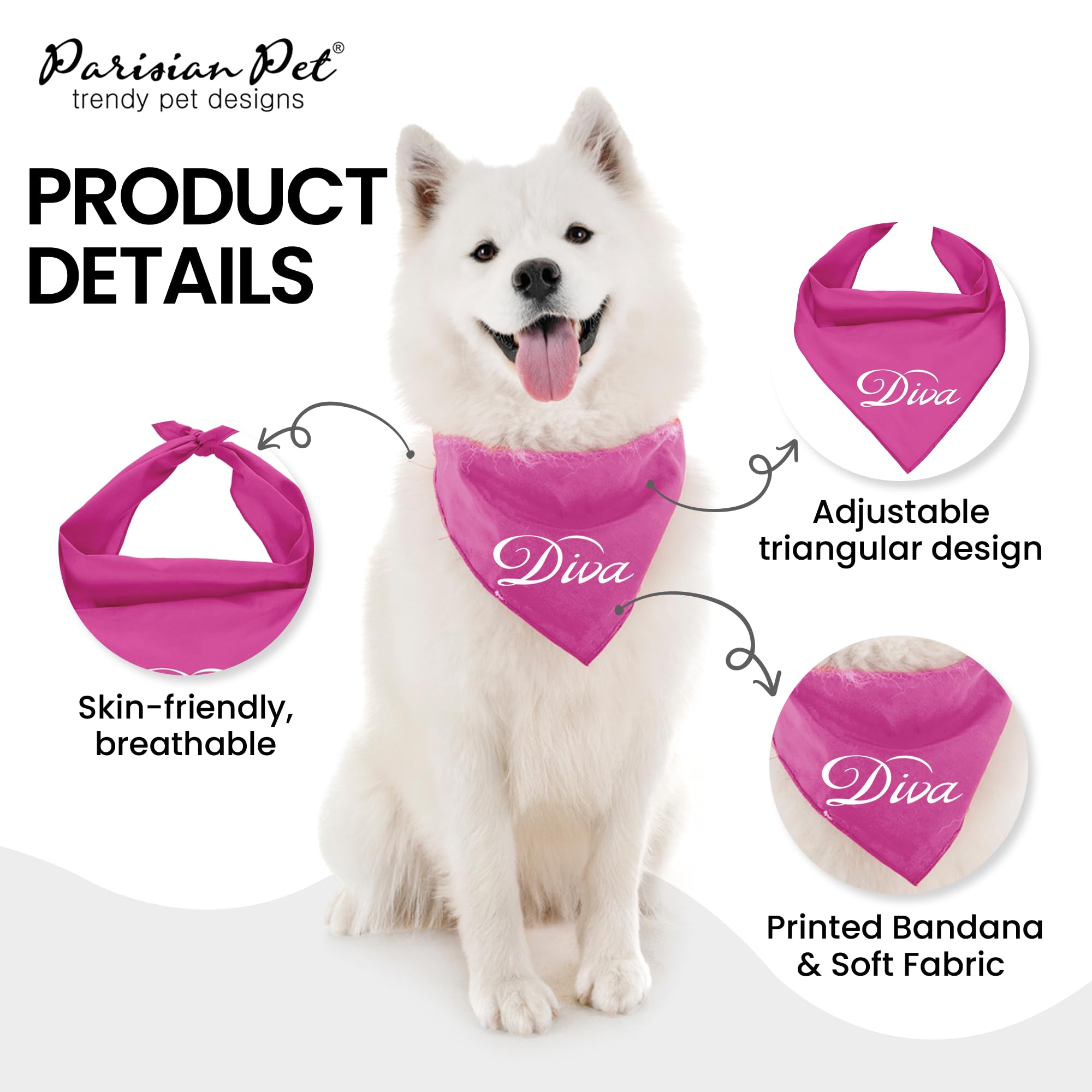 Parisian Pet Dog Bandanas With Printed 'Diva' Word - Classy Tie-On Adjustable Girl Dog Bandana - Dog Scarf For Large Dogs - Washable Triangle Female Dog Bib - Pink Handkerchief For Pets - L
