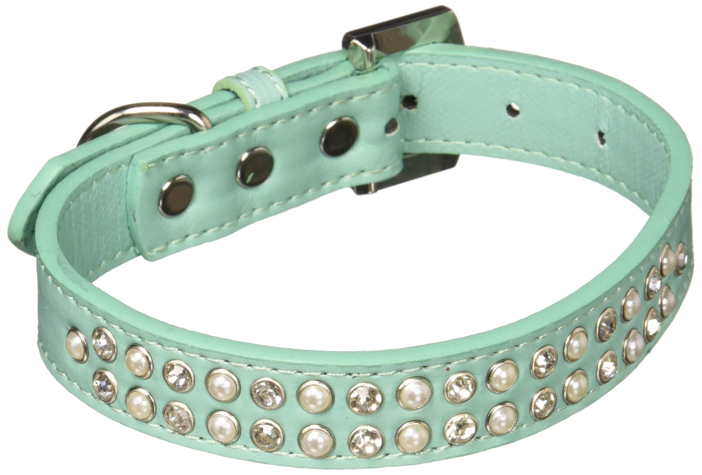 Dog, Puppy & Pet Fashion Collar, "Two Row Pearl And Clear Crystal Rimsets" Aqua 16