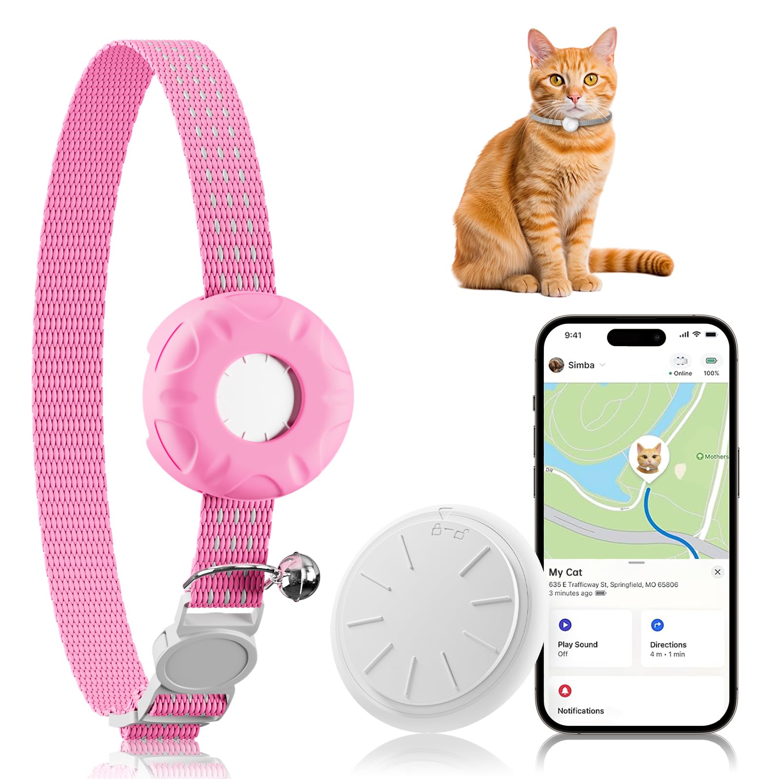 GPS Tracker for Cats, Cat Tracker Compatible with Apple Find My App (Only iOS), No Monthly Fee, Waterproof, Safety Collar and Tr