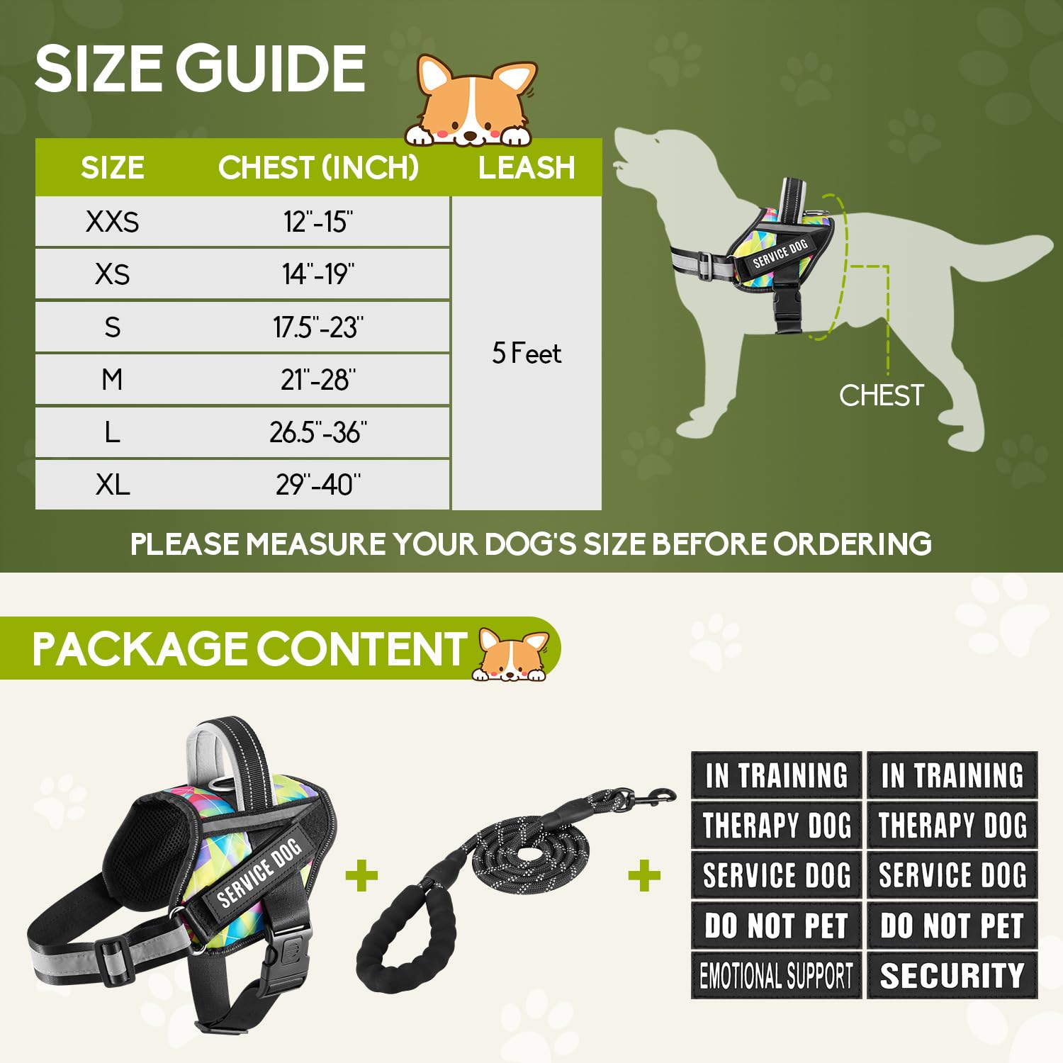 Service Dog Vest Harness And Leash Set, Animire In Training Dog Harness With 8 Dog Patches, Reflective Dog Leash With Soft Handle For Small, Medium, Large, And Extra-Large Dogs (Multi-Colored,M)