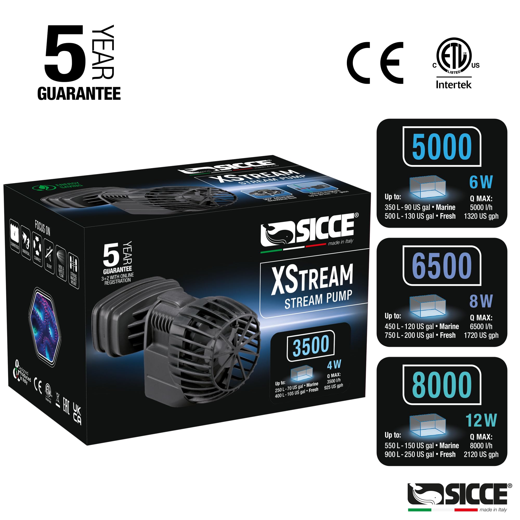 SICCE XSTREAM 3500 Wave Maker Flow Pump 925 GPH | 360 Adjustable Quiet Submersible Magnetic Powerhead for Saltwater & Freshwater