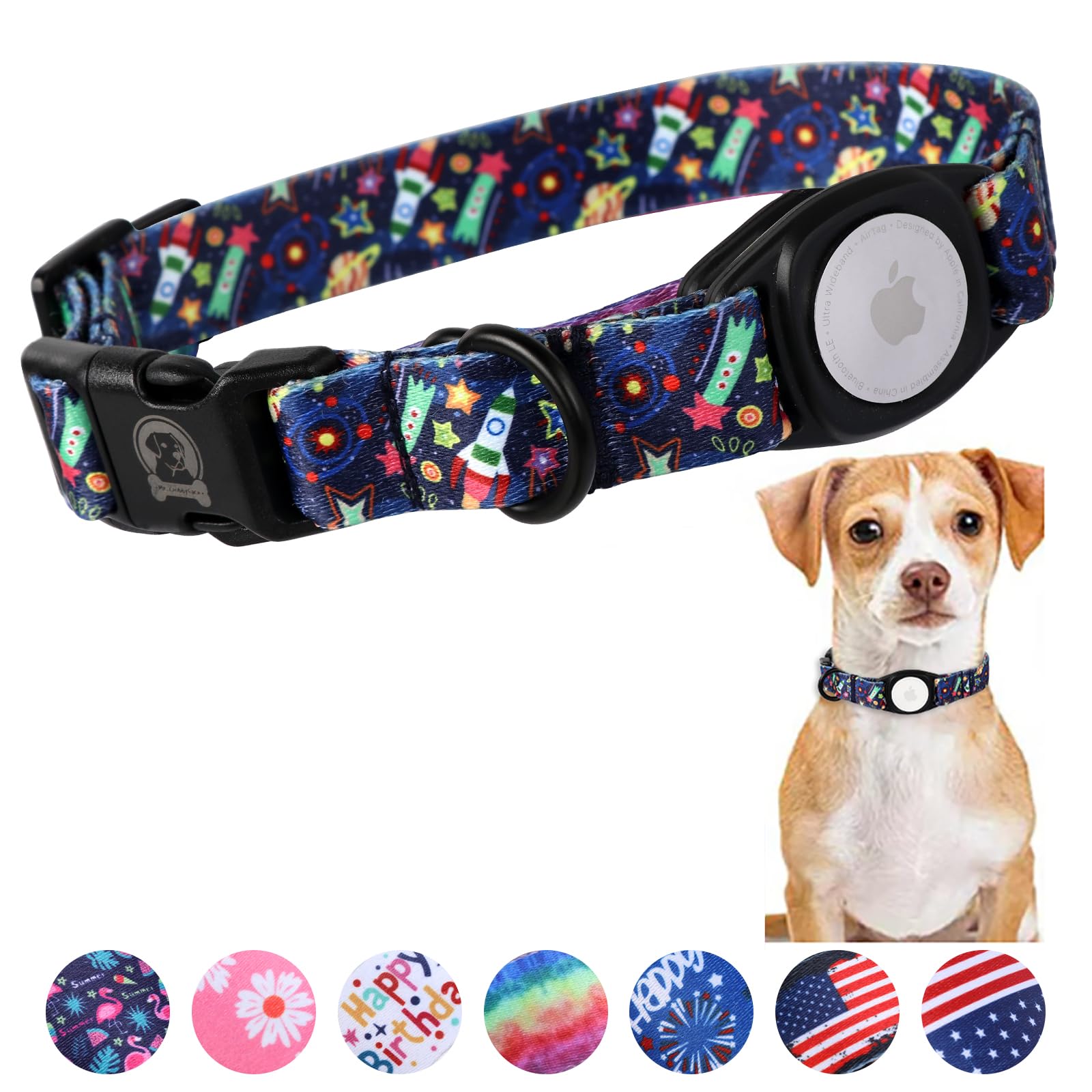 Mr.Chubbyface Spring Summer Dog Collar With Apple Airtag Holder Universe Dog Collar For Small Medium Large Boy Girl Dogs