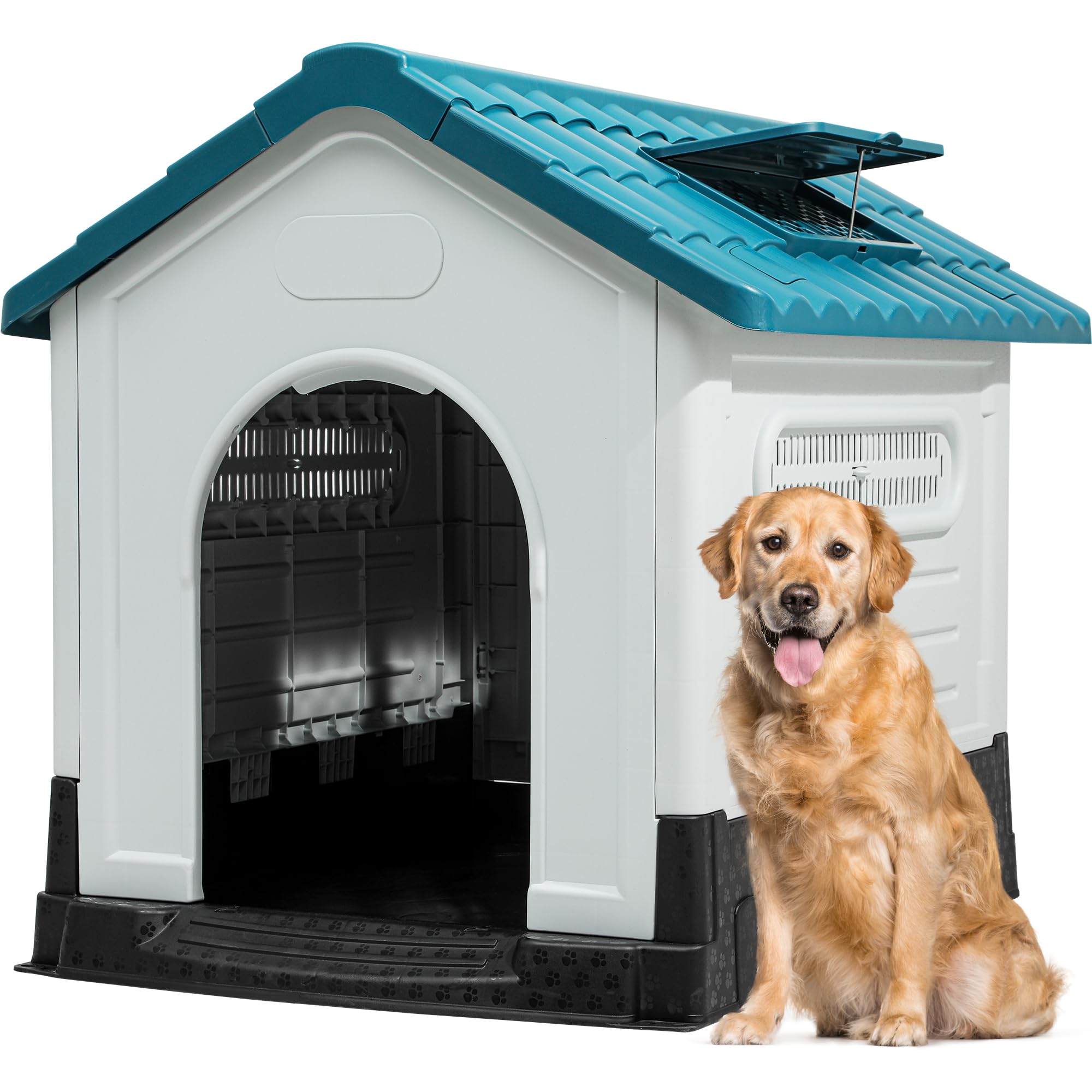 Yitahome 41.3'' Folding Large Dog House Outdoor Plastic Doghouse With Adjustable Skylight And Elevated Base Water Resistant Pet 