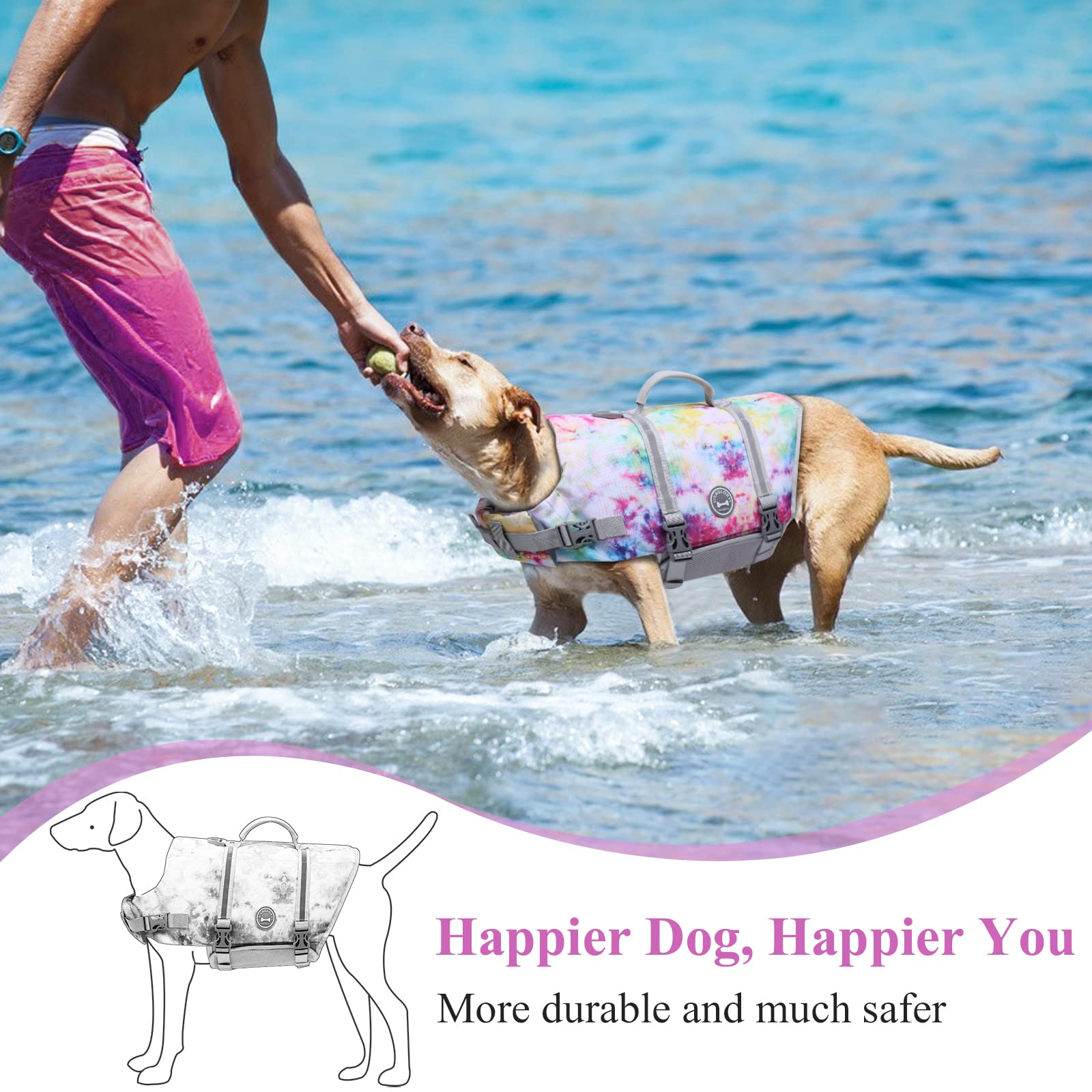 Vivaglory Ripstop Dog Life Jacket For Small Medium Large Dogs Boating, Dog Swimming Vest With Enhanced Buoyancy & Visibility, Mu