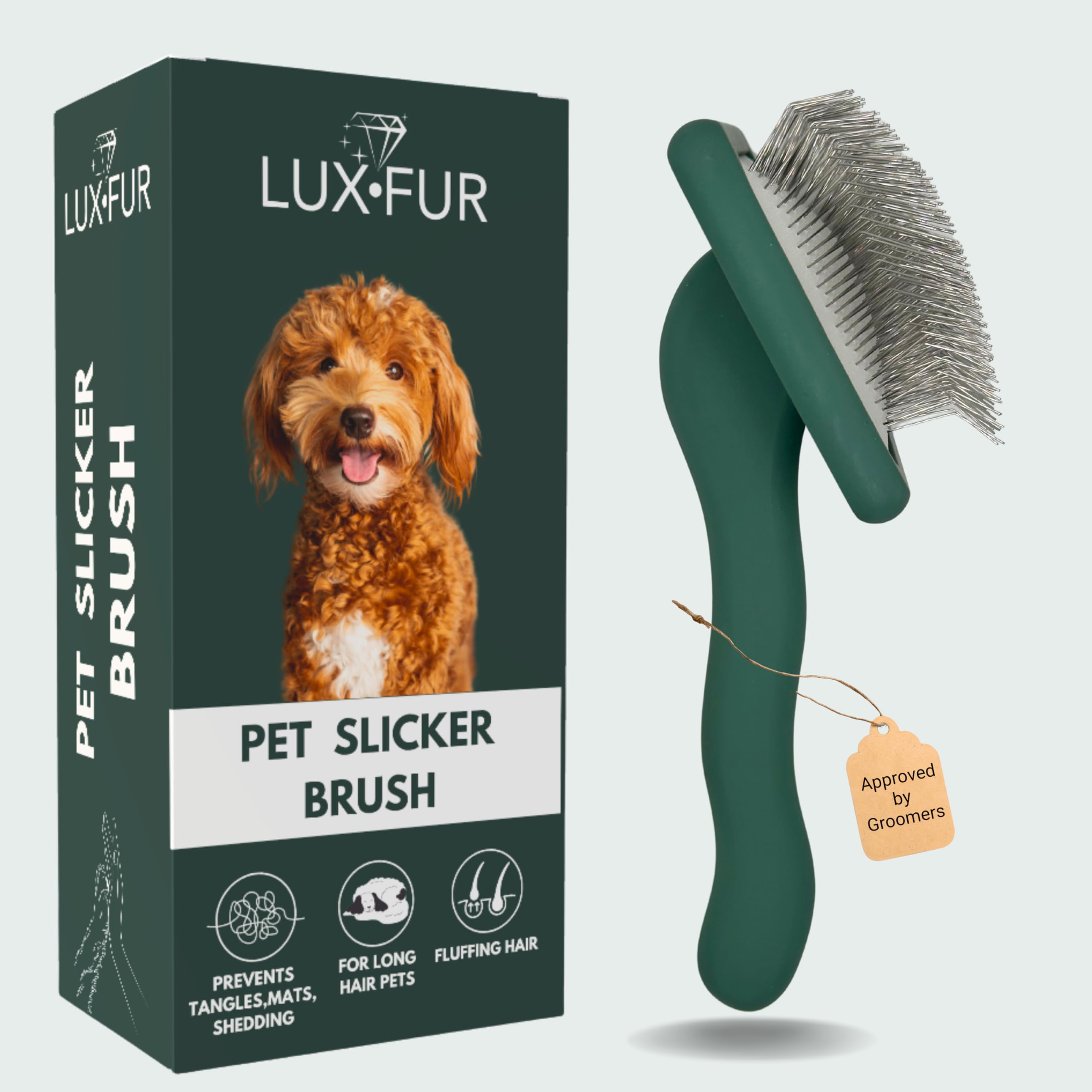 LUXFUR Premium Dog Slicker Brush - Doodle Grooming Brush for Long Haired Dogs - Goldendoodle, Labradoodle, Poodle & Golden Doodl