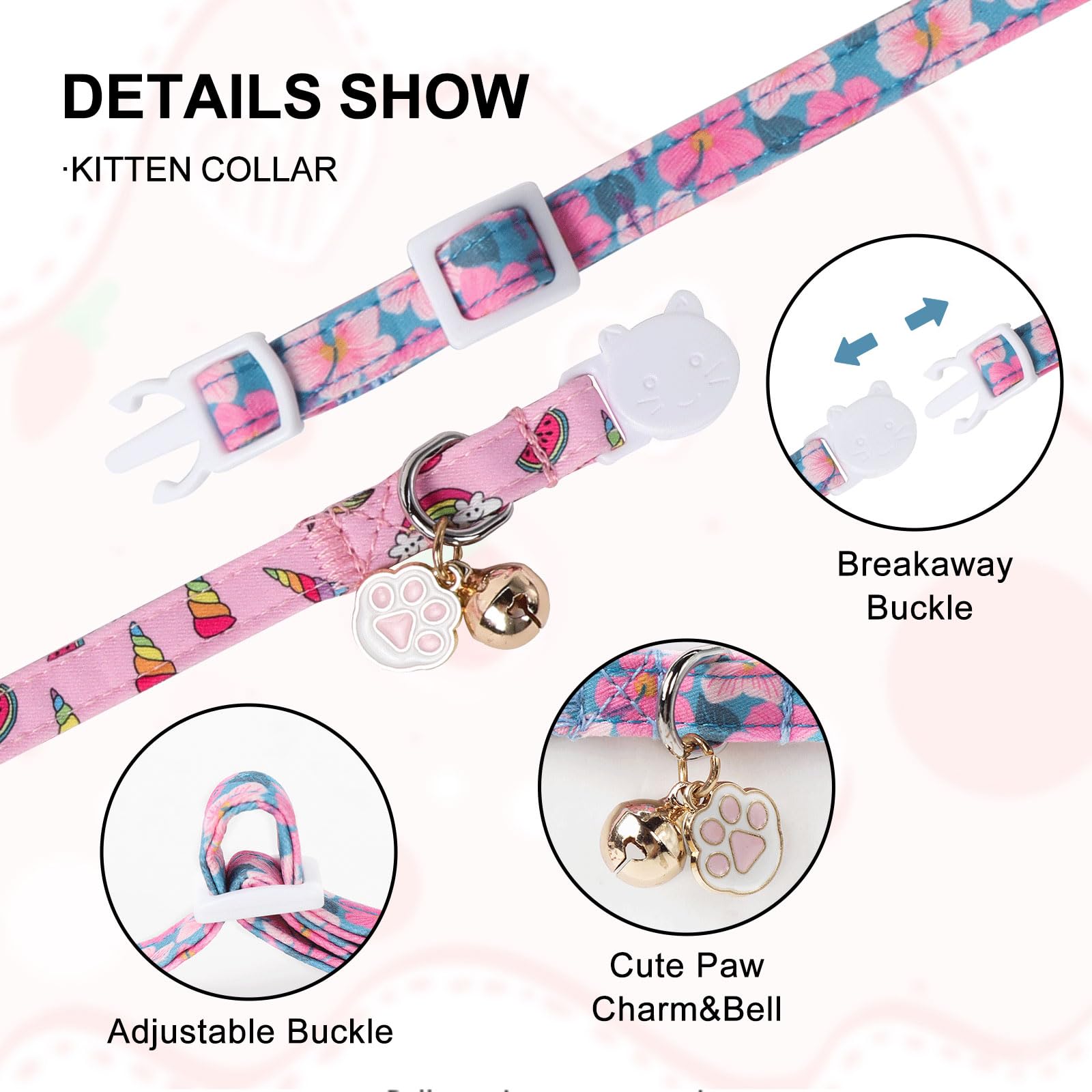 Unique Style Paws Pink Cat Collar,Breakaway Cat Collar With Bell & Pendant,Adjustable Cat Collar For Girl Boy Cats,Ideal Gift Fo