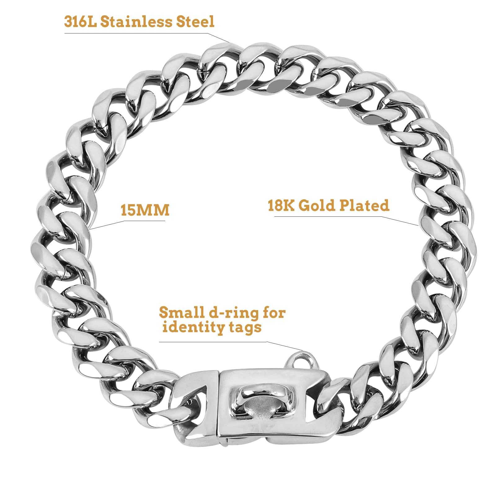 Baobote 15Mm Silver Stainless Steel Dog Collar With Cuban Link Chain Heavy Duty Chew Proof Training Collar For Dogs(18 Silver)