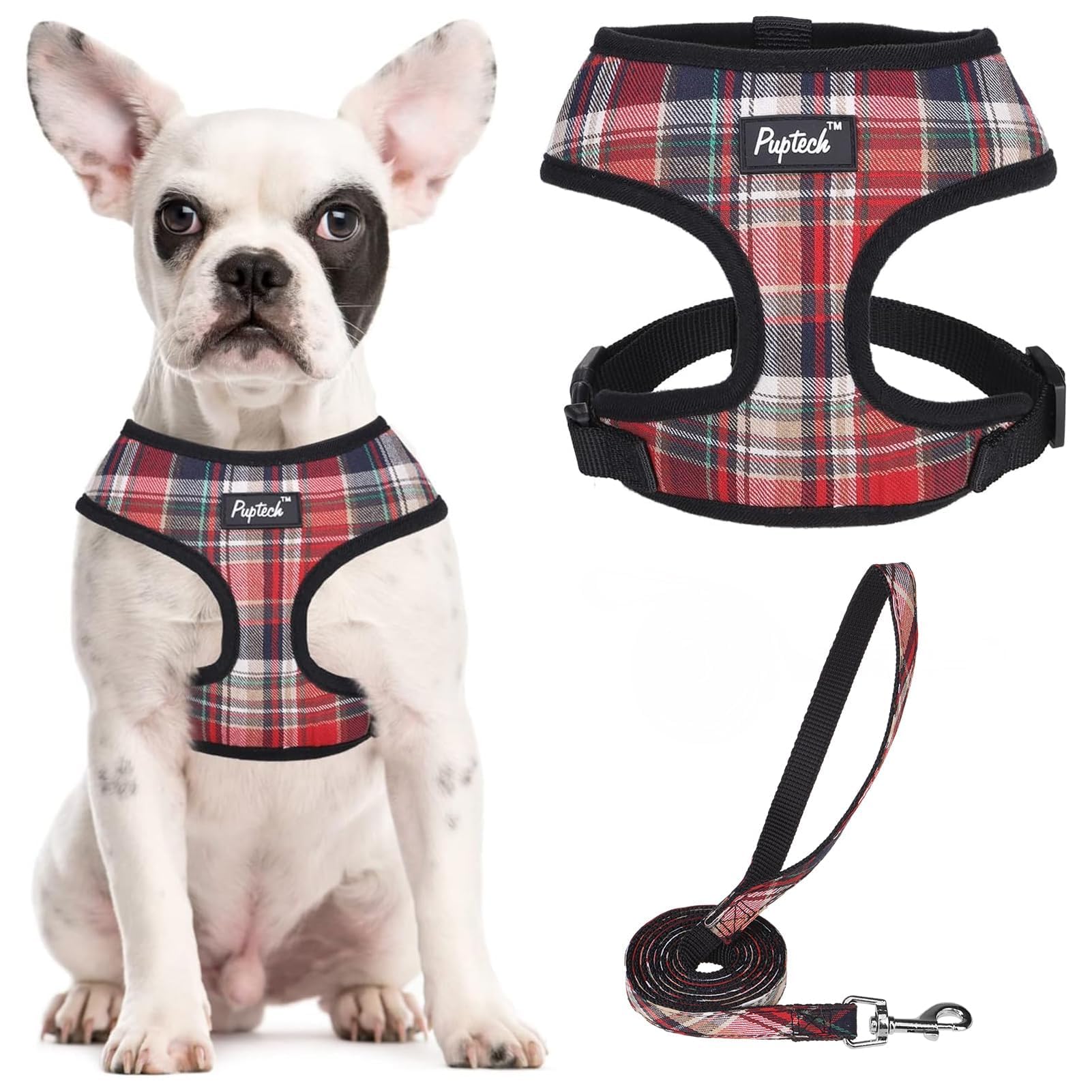 Pupteck Soft Mesh Dog Harness And Leash Set Pet Puppy Cat Comfort Padded Vest No Pull Harnesses, Red Mixed, S