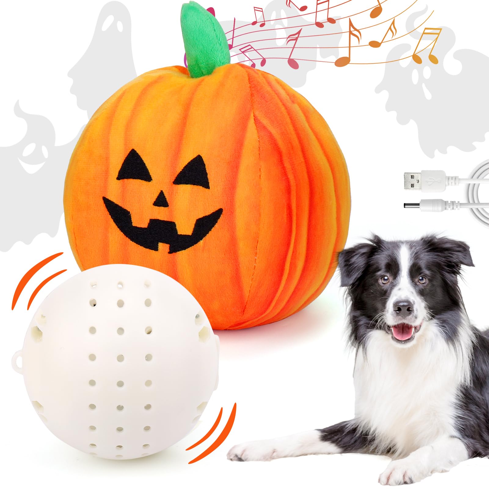 Halloween Dog Toys - Interactive Dog Toys for Boredom, Active Rolling Bouncing Ball with Pumpkin Plush Cover for All Breeds, Mov