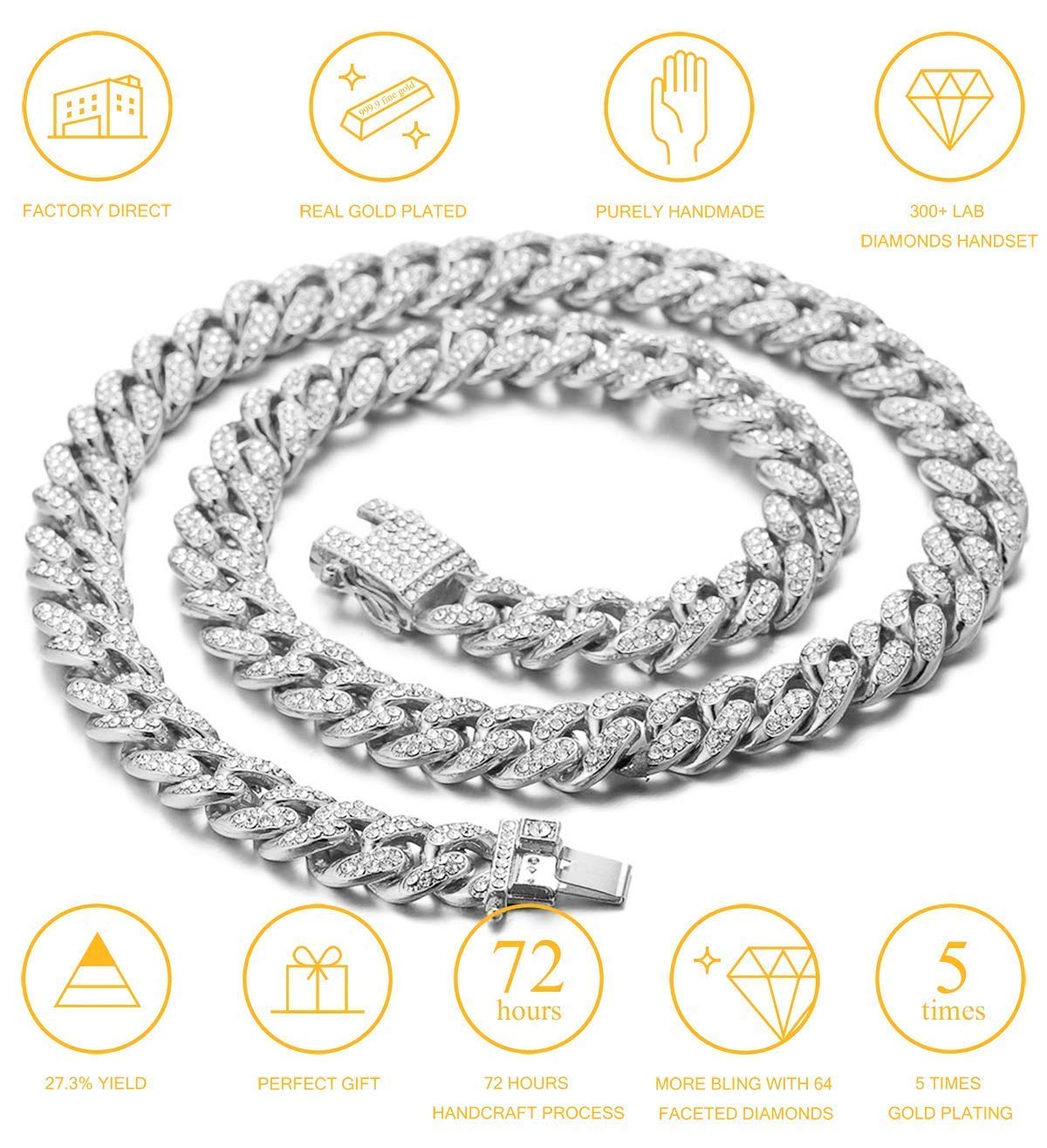 Halukakah Cat Collar - Carat - Iced Out Diamond Cuban Link Gold Chain For Cats & Kittens - Platinum Plated 9' Collar Size - Wit