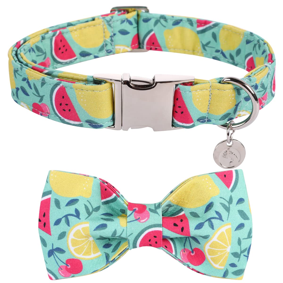 Dogwong Cotton Summer Dog Collars, Lemon Bowtie Dog Collar, Adjustable Heavy Duty Girl Dog Collar With Bow For Small Medium Larg