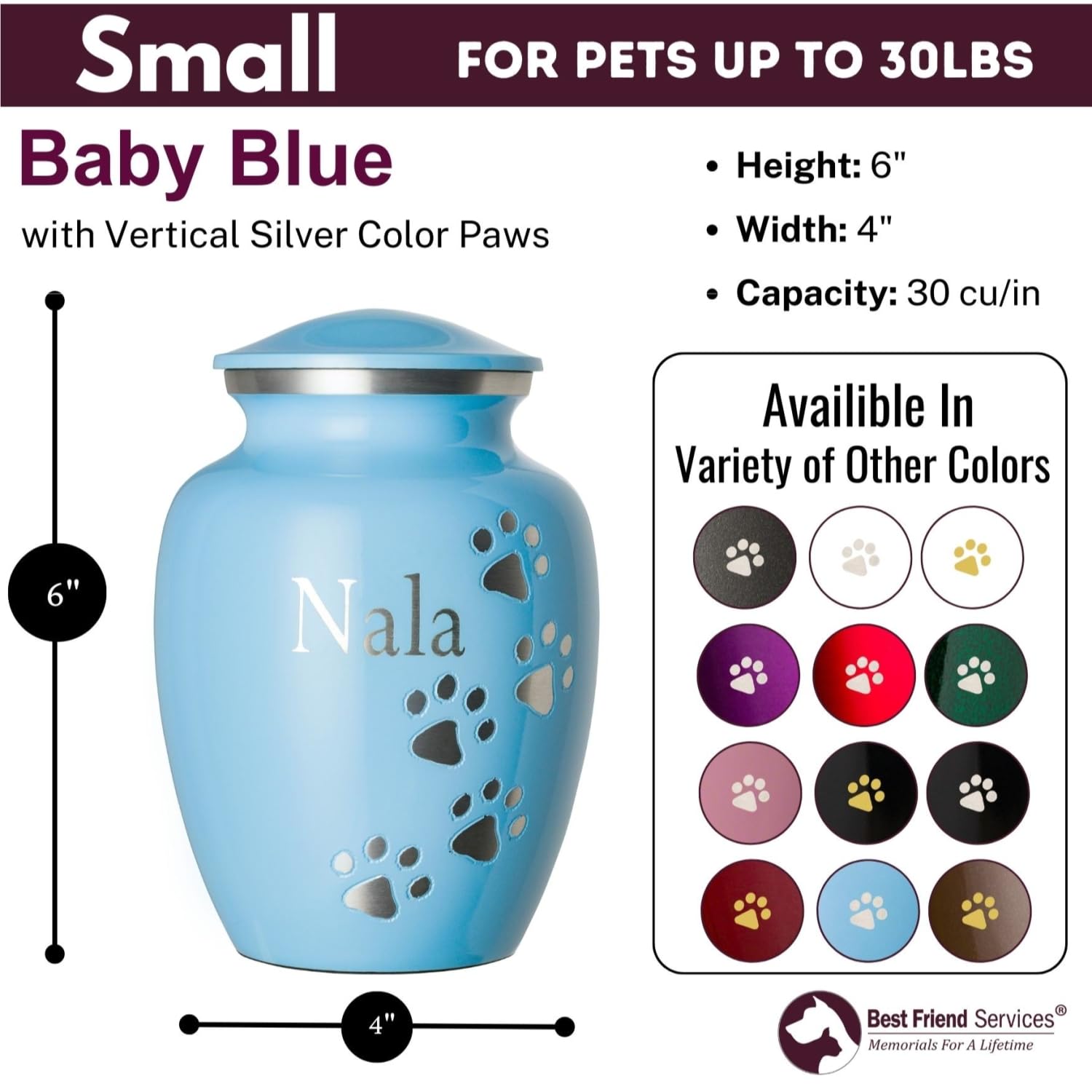 Best Friend Services Pet Urn For Dogs And Cats With Personalized Laser Engraving, Ottillie Paws Premier Series Memorial Urns (Sm