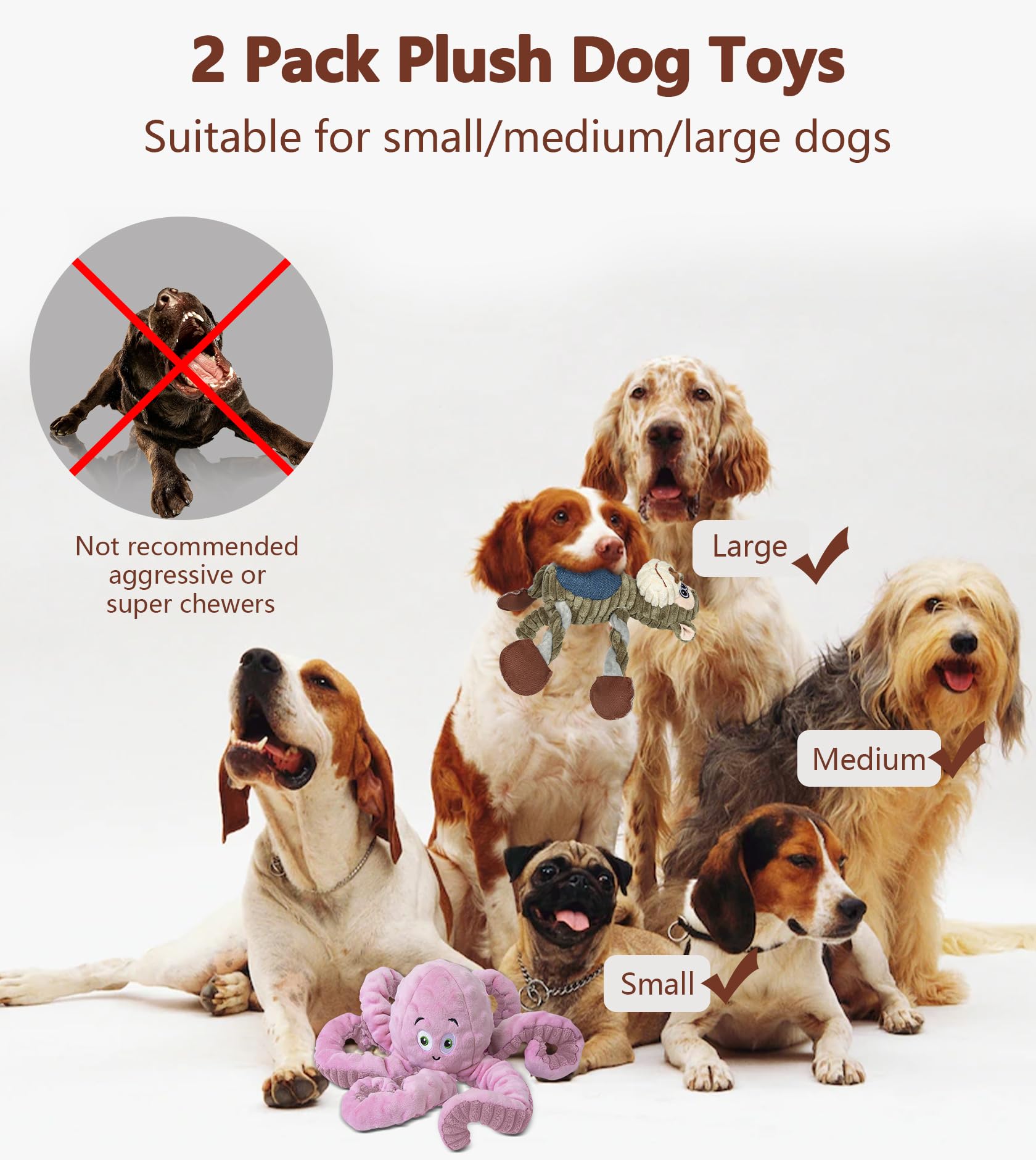 Buypow 2Pack Large Dog Toys - Plush Squeaky Medium & Small - Monkey+Octopus Pink For Dog Birthday