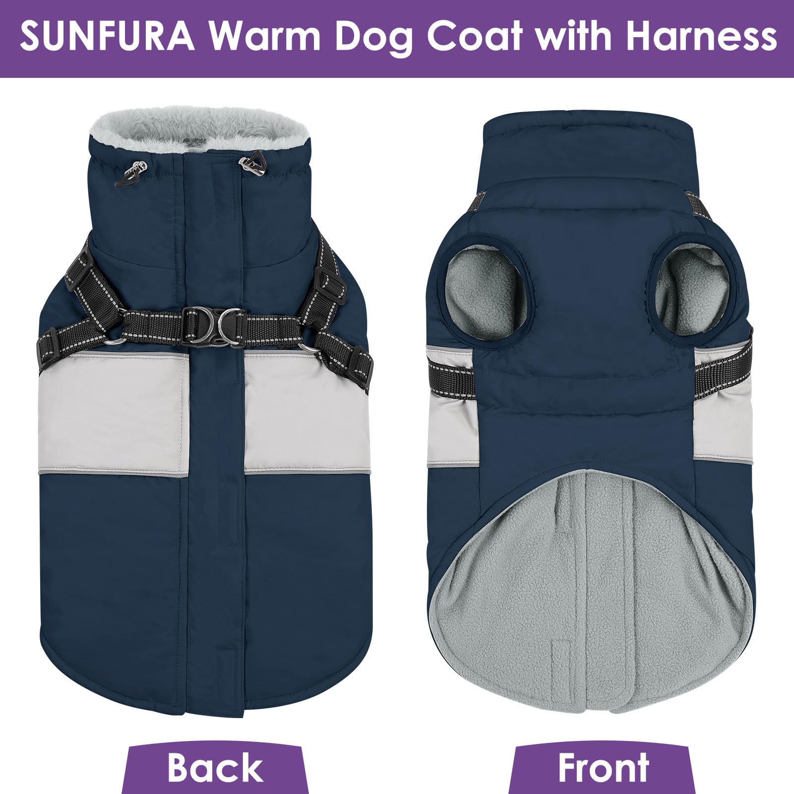 SUNFURA Dog Winter Coat, Waterproof Fleece Lined Jacket, Medium, Navy Blue, Reflective Harness for Pug, Jack Russel, Boston Terrier
