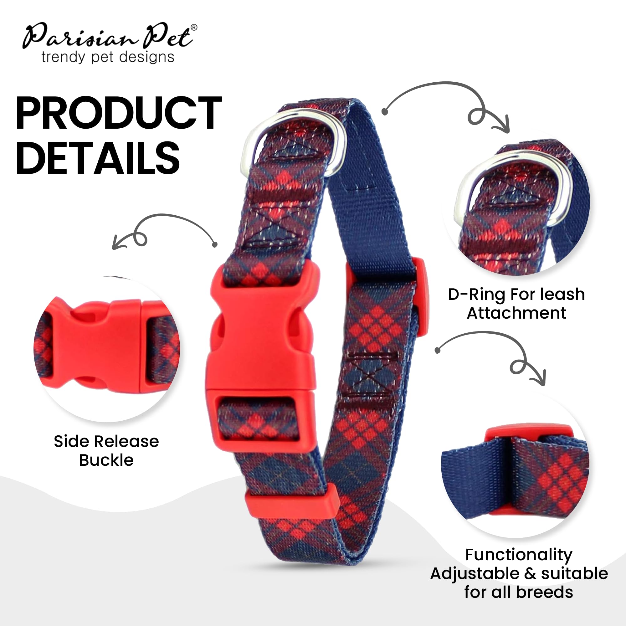 Parisian Pet Dog Collar - Adjustable “ Scottish Red Plaid “ Pattern Puppies Collar - Comfortable, Nylon Dog Collar - Breathable Dog Collars For Large Dogs L