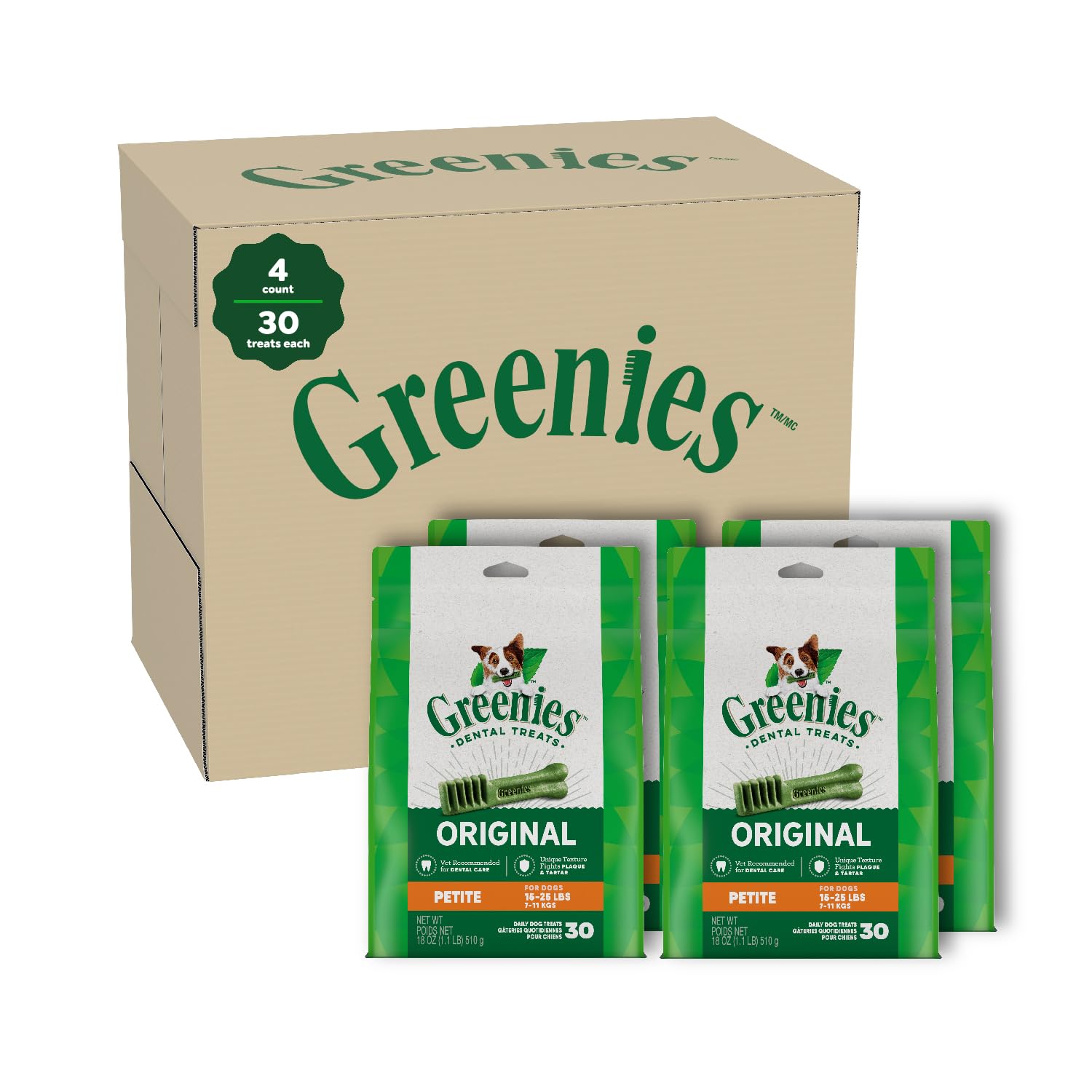 Greenies Original Petite Dental Dog Treats, (4) 30 ct Packs (120 Treats)