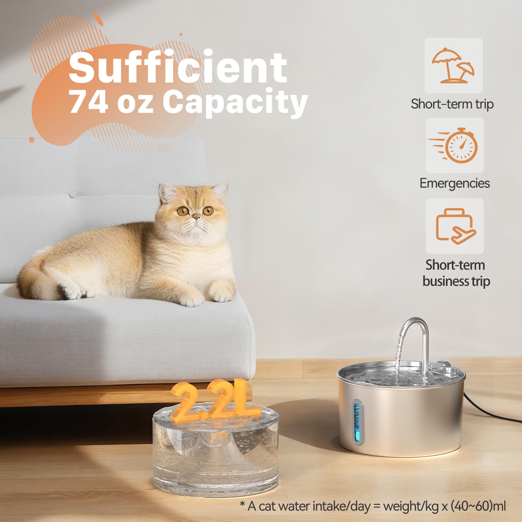 Cat Water Fountain Stainless Steel: 2.2 L Cat Fountain For Drinking - Automatic Pet Water Fountain For Cats Inside - Metal Cat D